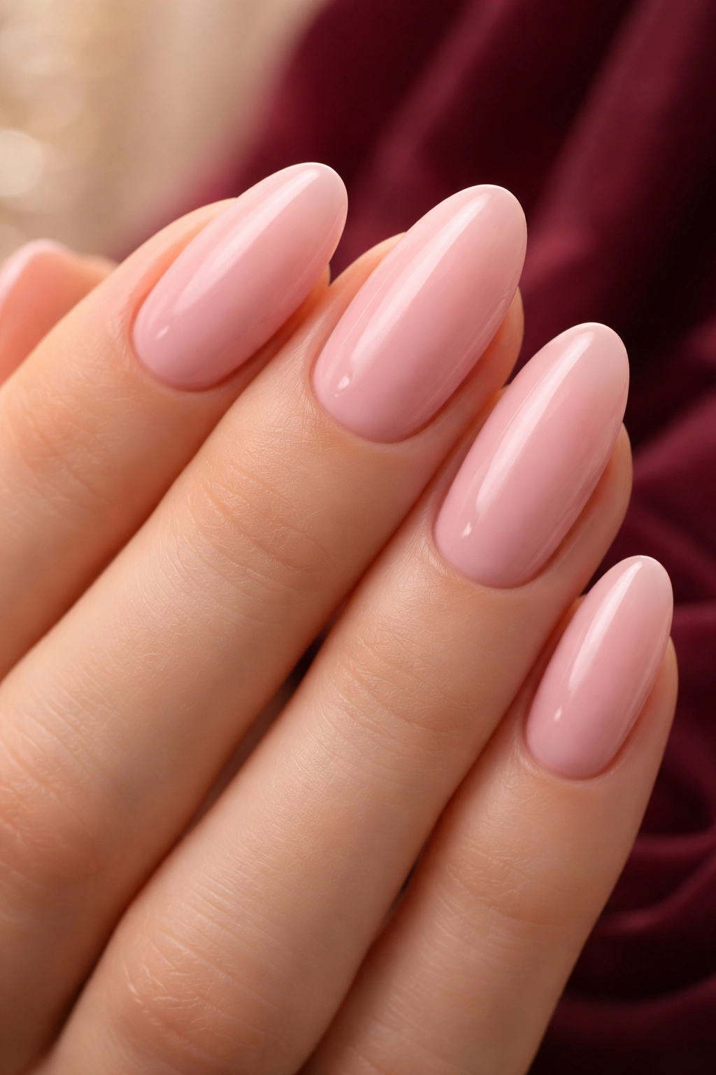 Soft pink manicure with burgundy dress contrast