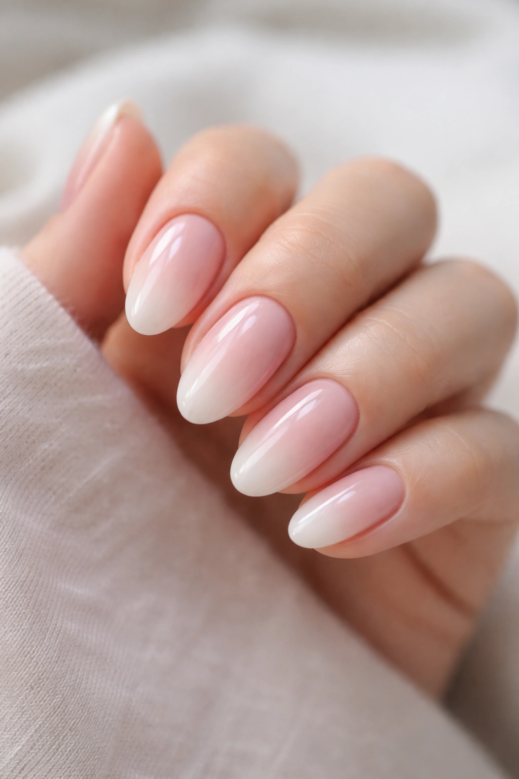 Close-up of soft pink almond nails with a baby ombre fade