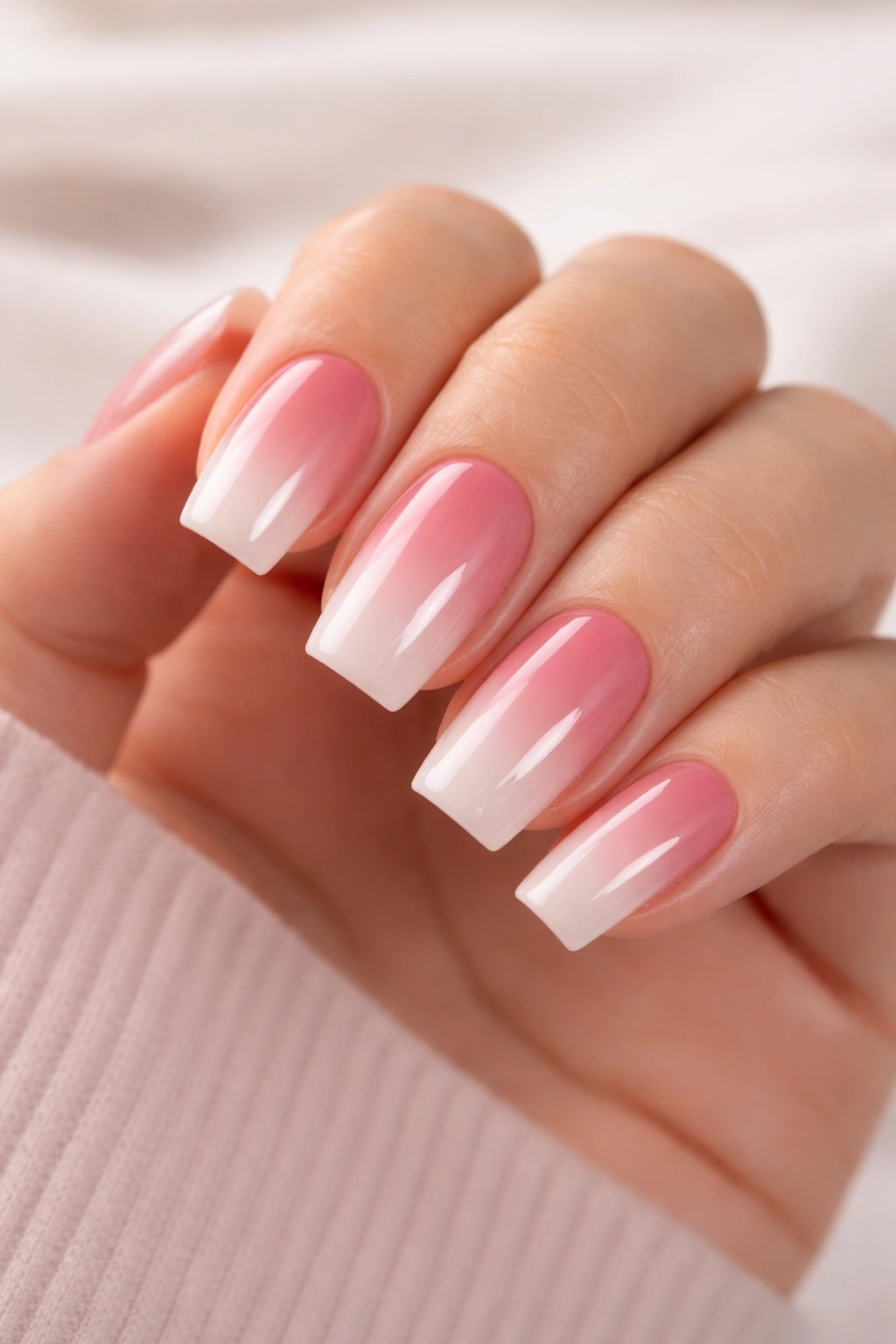 Close-up of soft pink ombre squoval nails on a hand with a seamless gradient