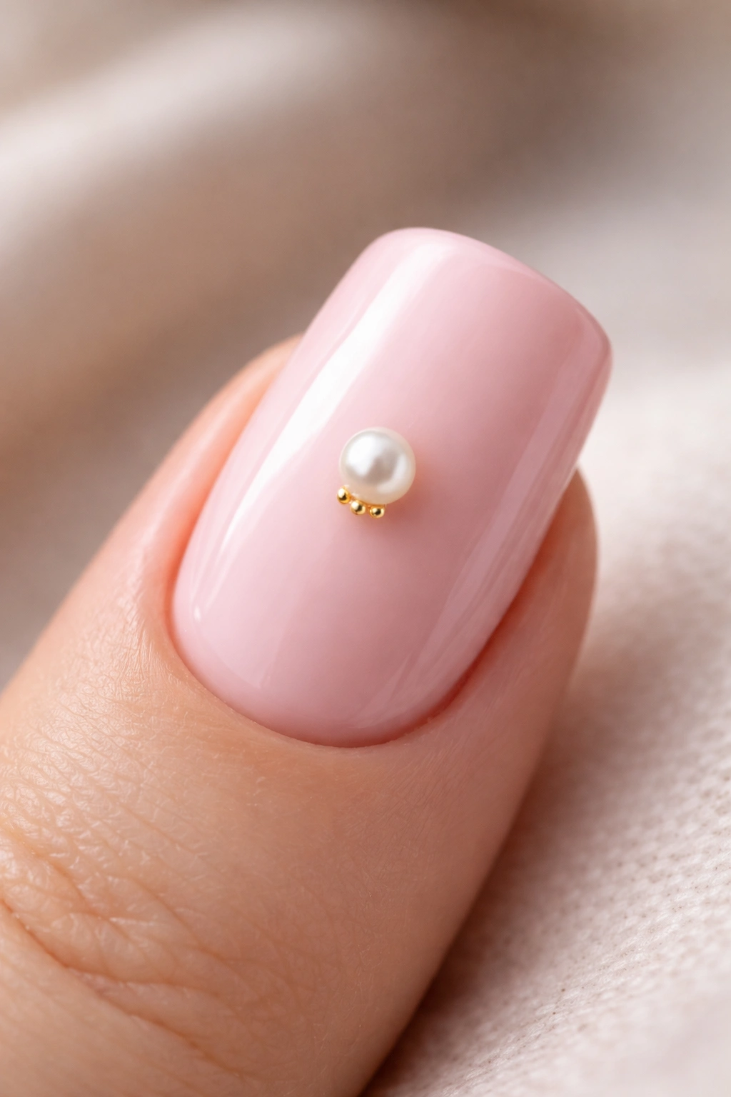 Close-up of a soft pink nail with a single pearl charm