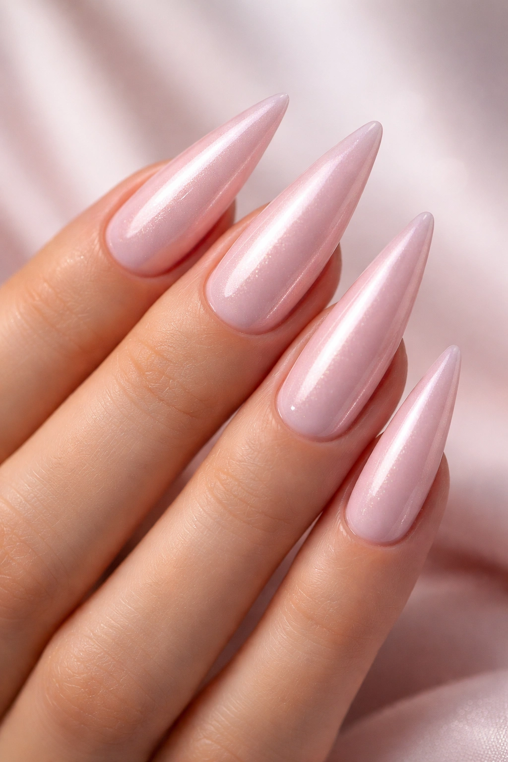 Close-up of soft pink stiletto nails with pearl finish