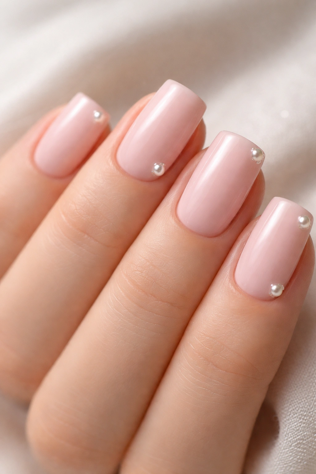 Close-up of soft pink nails with pearl accents on a few nails.