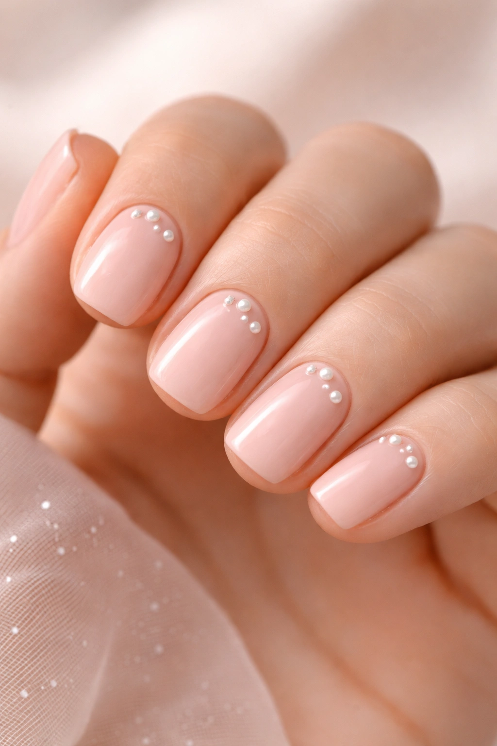 Soft pink nails with tiny pearl embellishments.