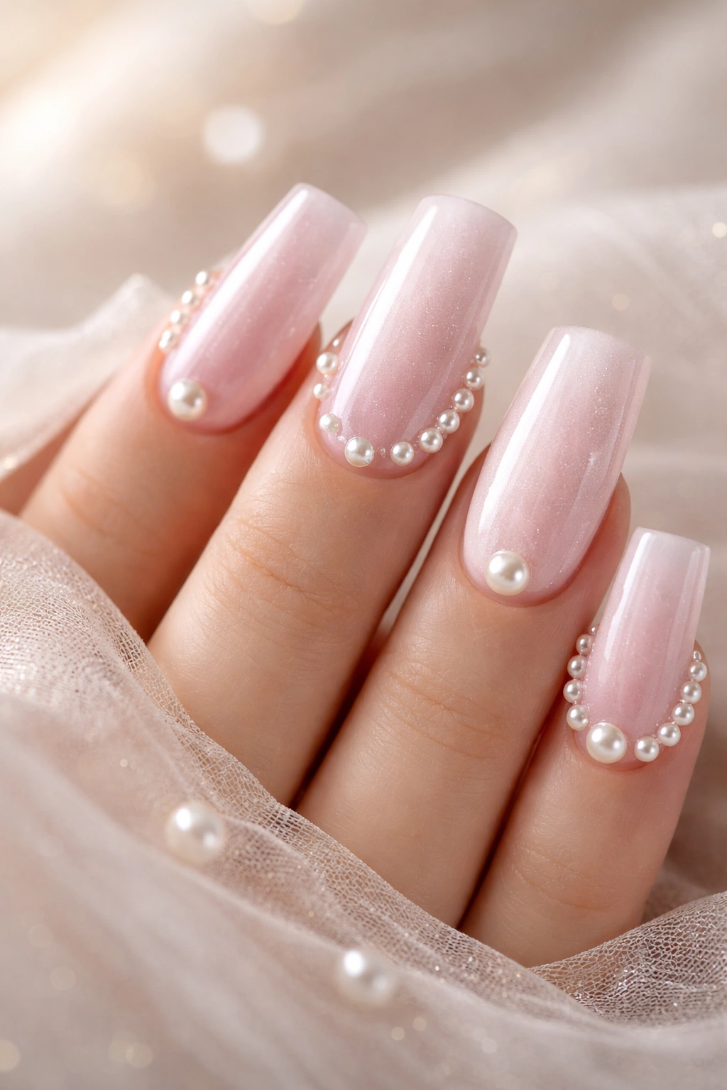 Close-up of soft pink duck nails featuring pearl details and lustrous finish