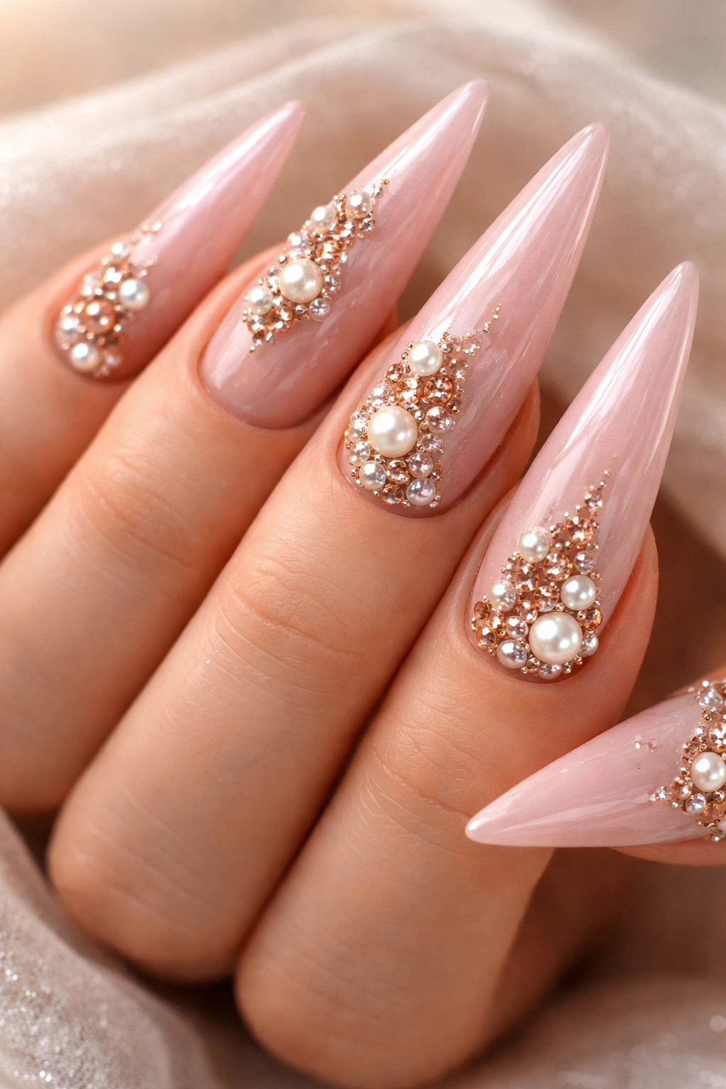 Close-up of soft pink stiletto nails with pearl and rose-gold rhinestones