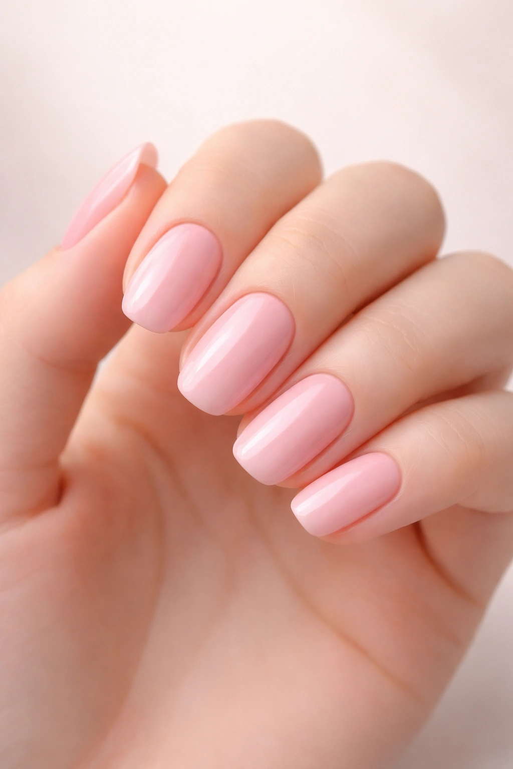 Close-up of soft pink nails on a manicured hand against a neutral backdrop