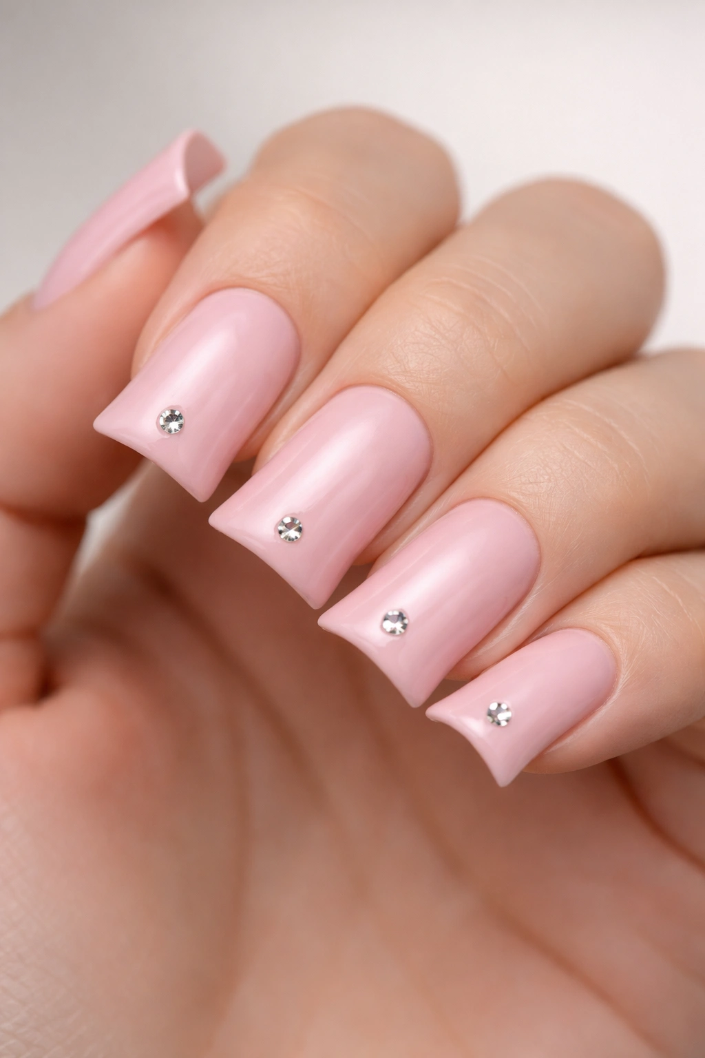 Close-up of soft pink duck nails with a single rhinestone on each short nail