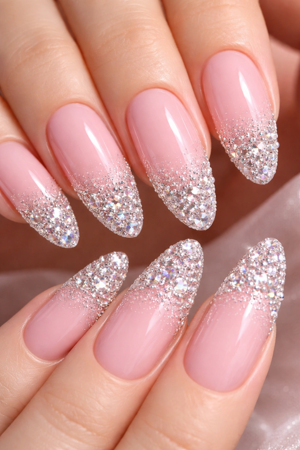 Soft pink nails with dense rhinestone cluster at the tip on long oval nails.