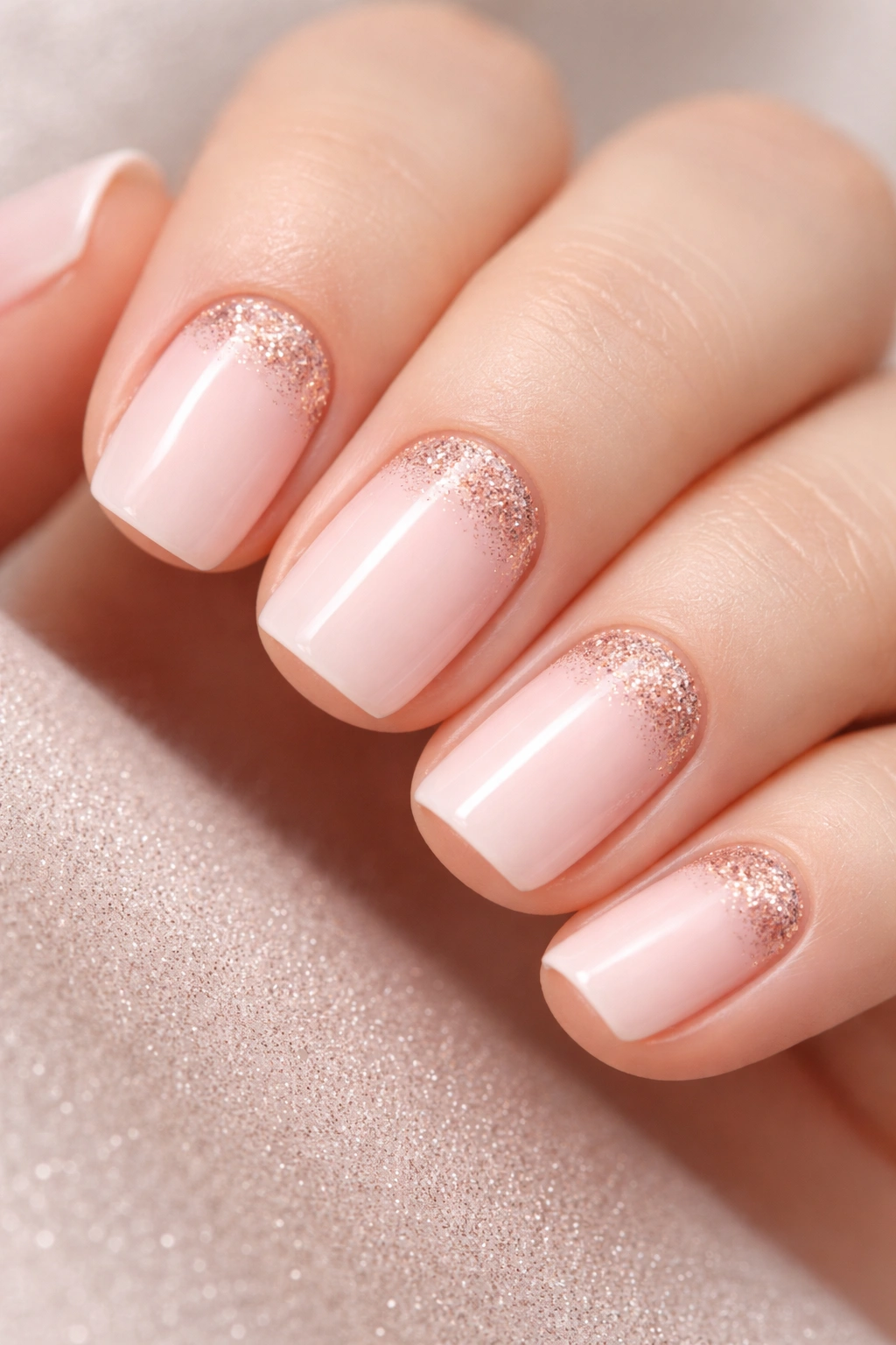 Close-up of nails with pale pink base and fine rose gold glitter at the base