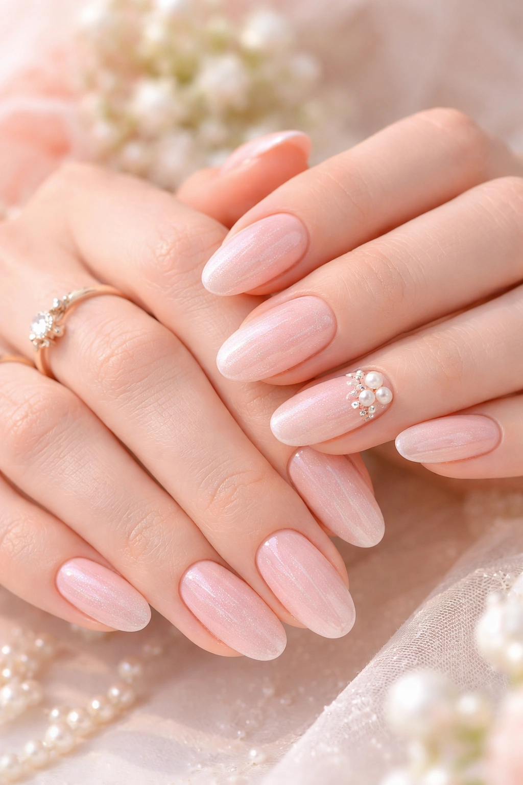 Close-up of hands with Soft Pink Romance manicure featuring pale pink nails with iridescent shimmer and a pearl accent.