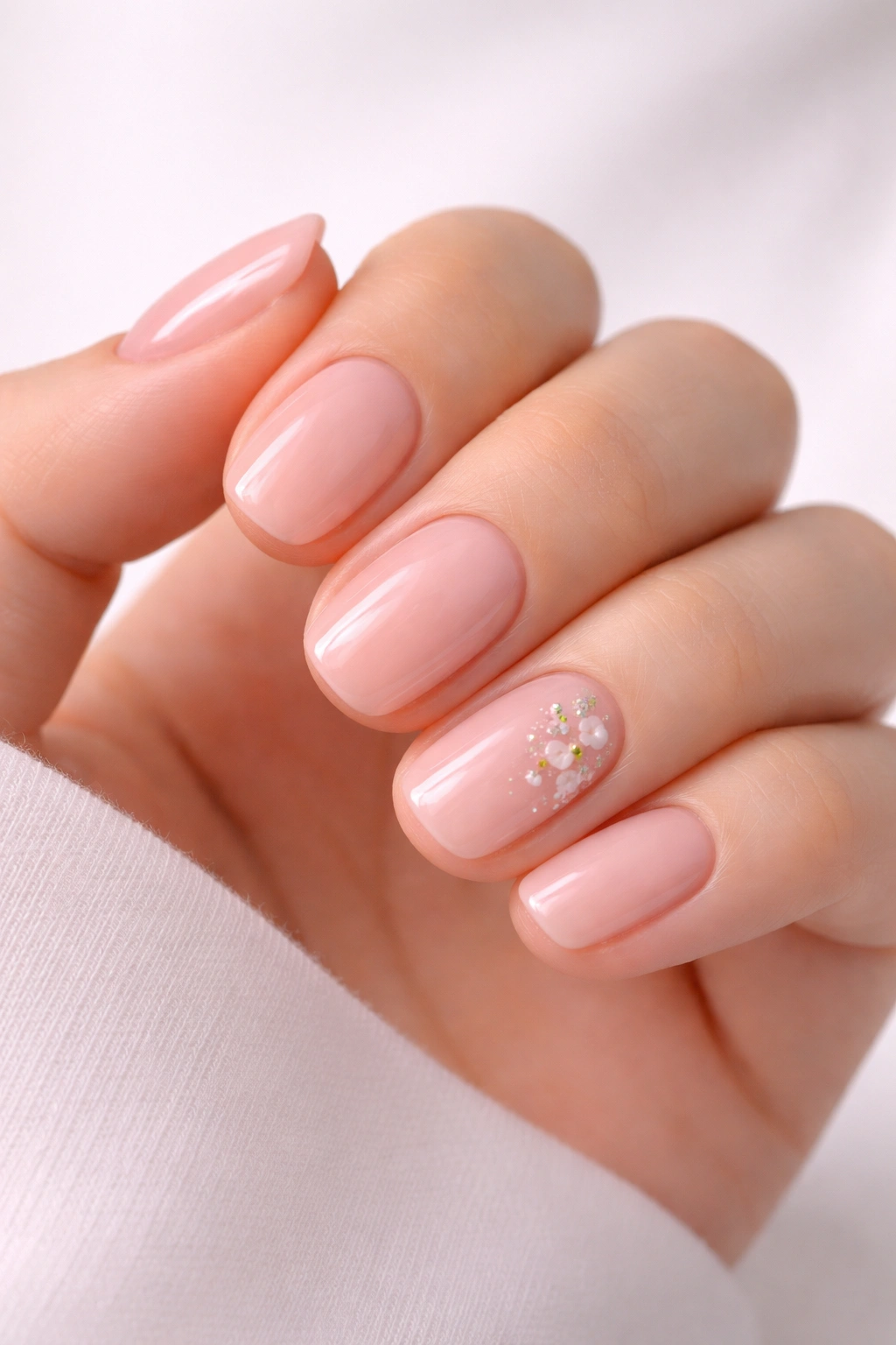 Close-up of short, soft pink acrylic nails with gloss.