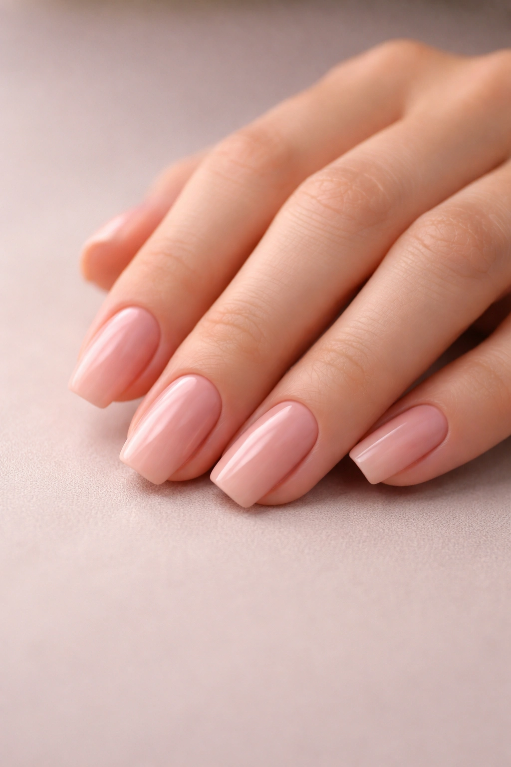 Close-up of soft square nails in pale dusty pink with peach undertones