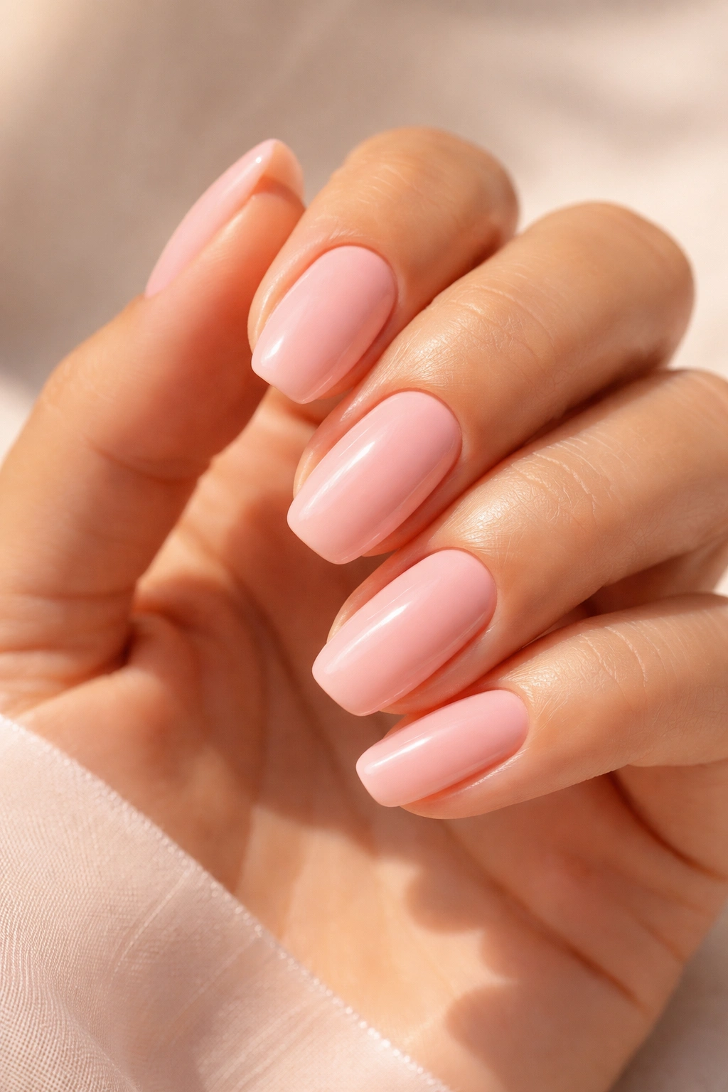 Close-up of soft pink nails on a tanned hand with warm undertones