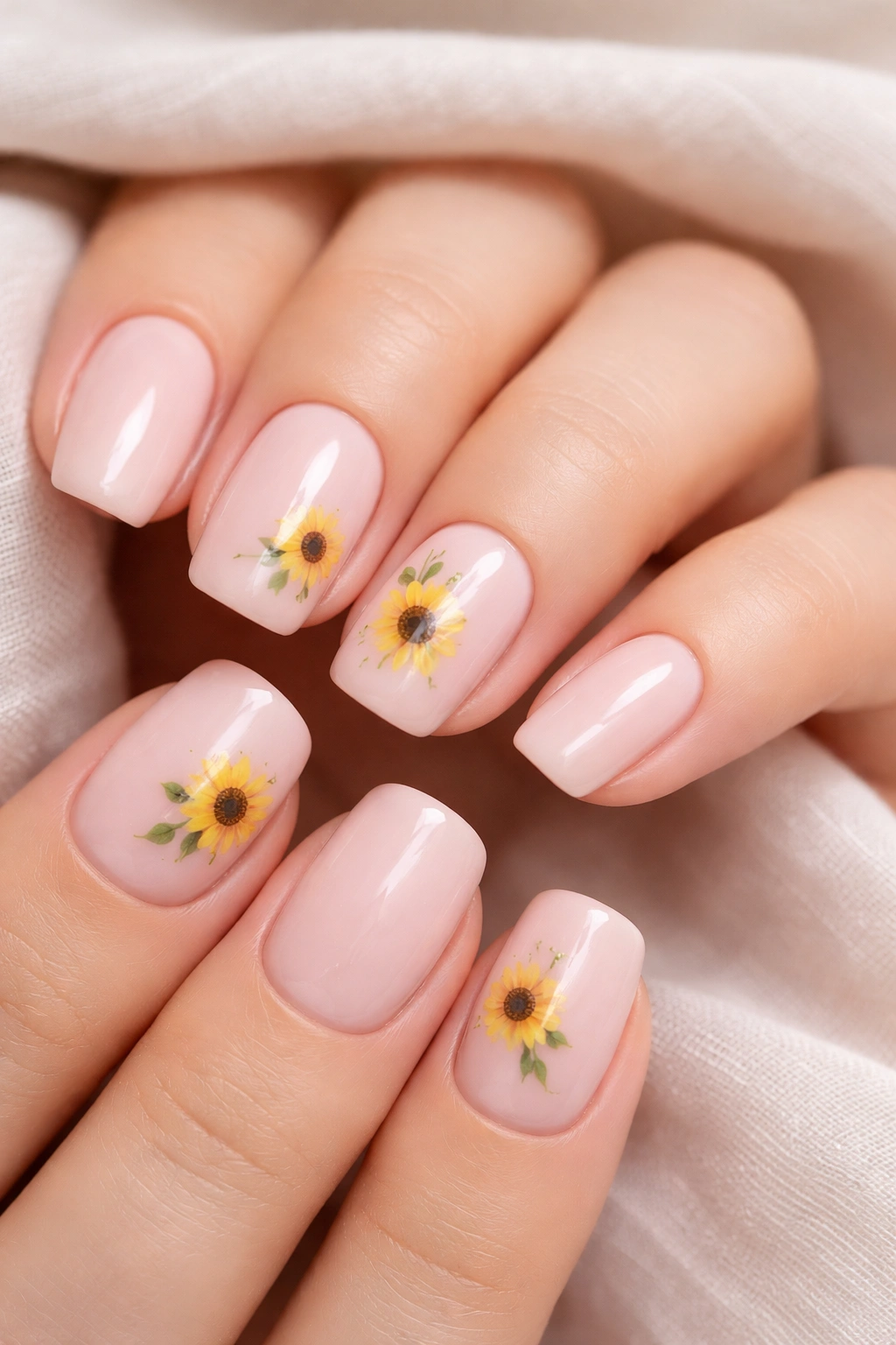 Close-up of milky pink nails with tiny sunflower accents on accent nails.