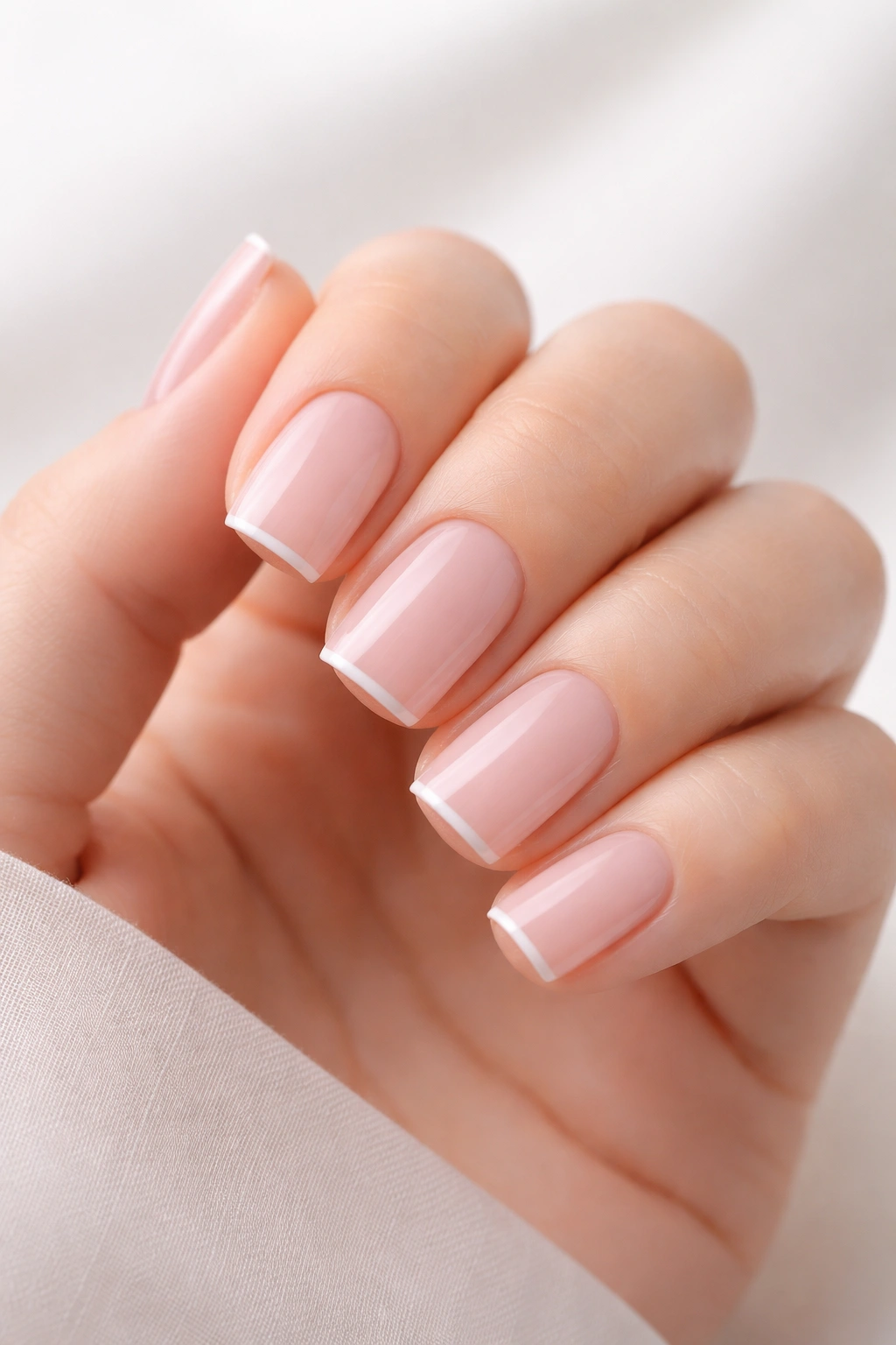 Close-up of short square nails with a razor-thin white tip on a soft pink base, minimalist French manicure.