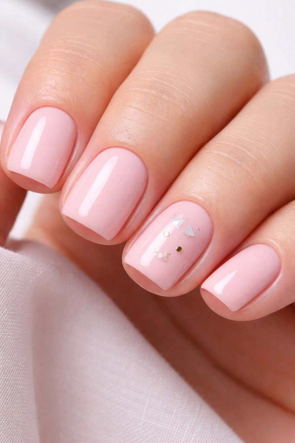 Close-up of short square nails in soft pink with tiny geometric shapes
