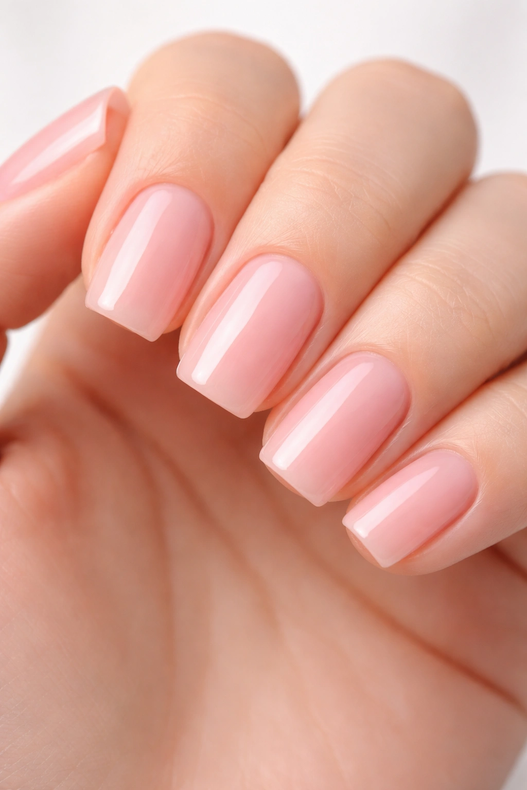 Close-up of translucent soft pink nails showing nail bed beneath.