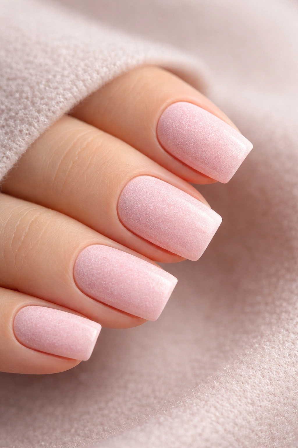 Close-up of short square nails with soft pink velvet texture on a neutral background