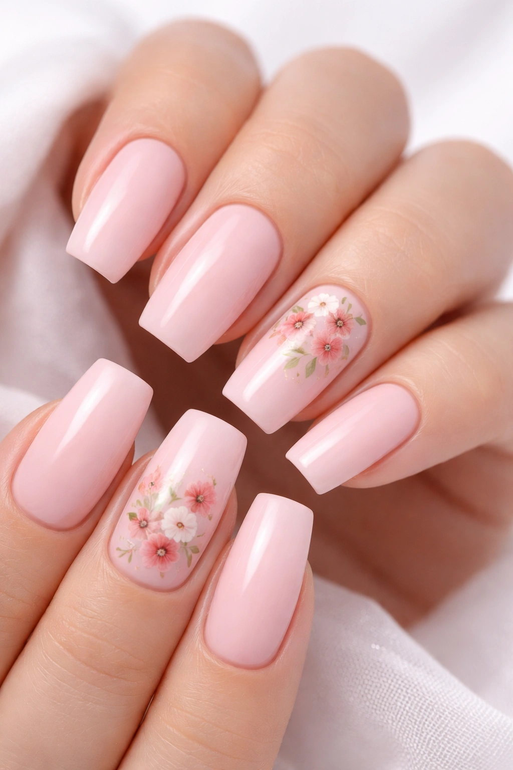 Soft pink nails with tiny watercolor floral accents on accent nails.