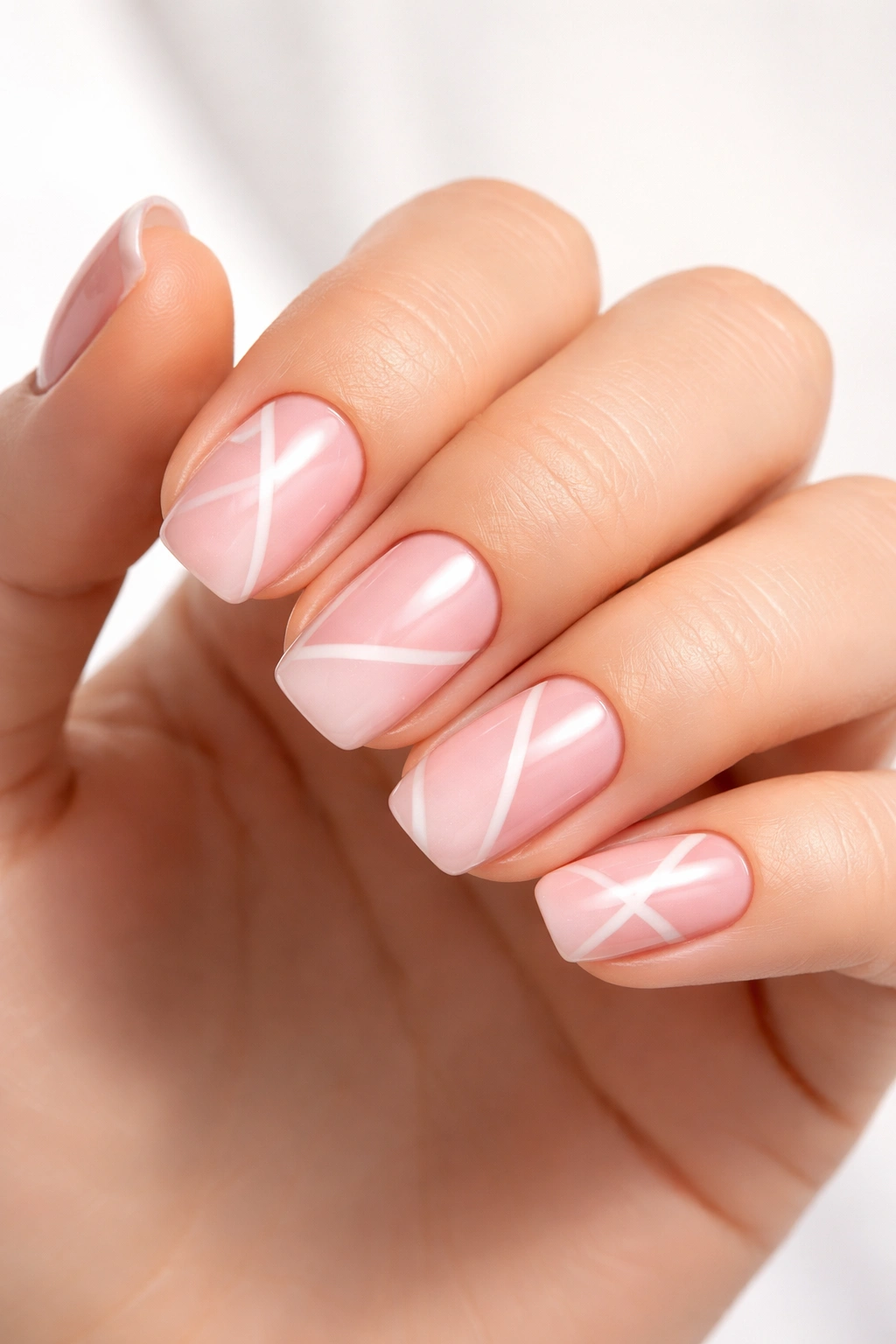 Soft pink nails with geometric negative space patterns.