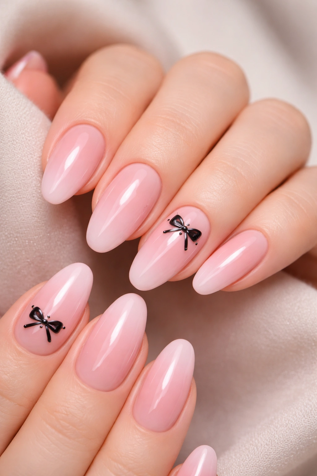 Close-up of soft pink ombre nails with tiny black bows