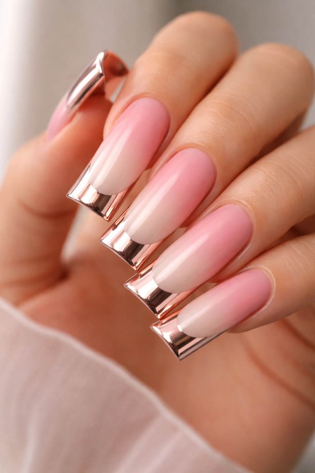 Close-up of long duck nails with soft pink ombre and chrome tips
