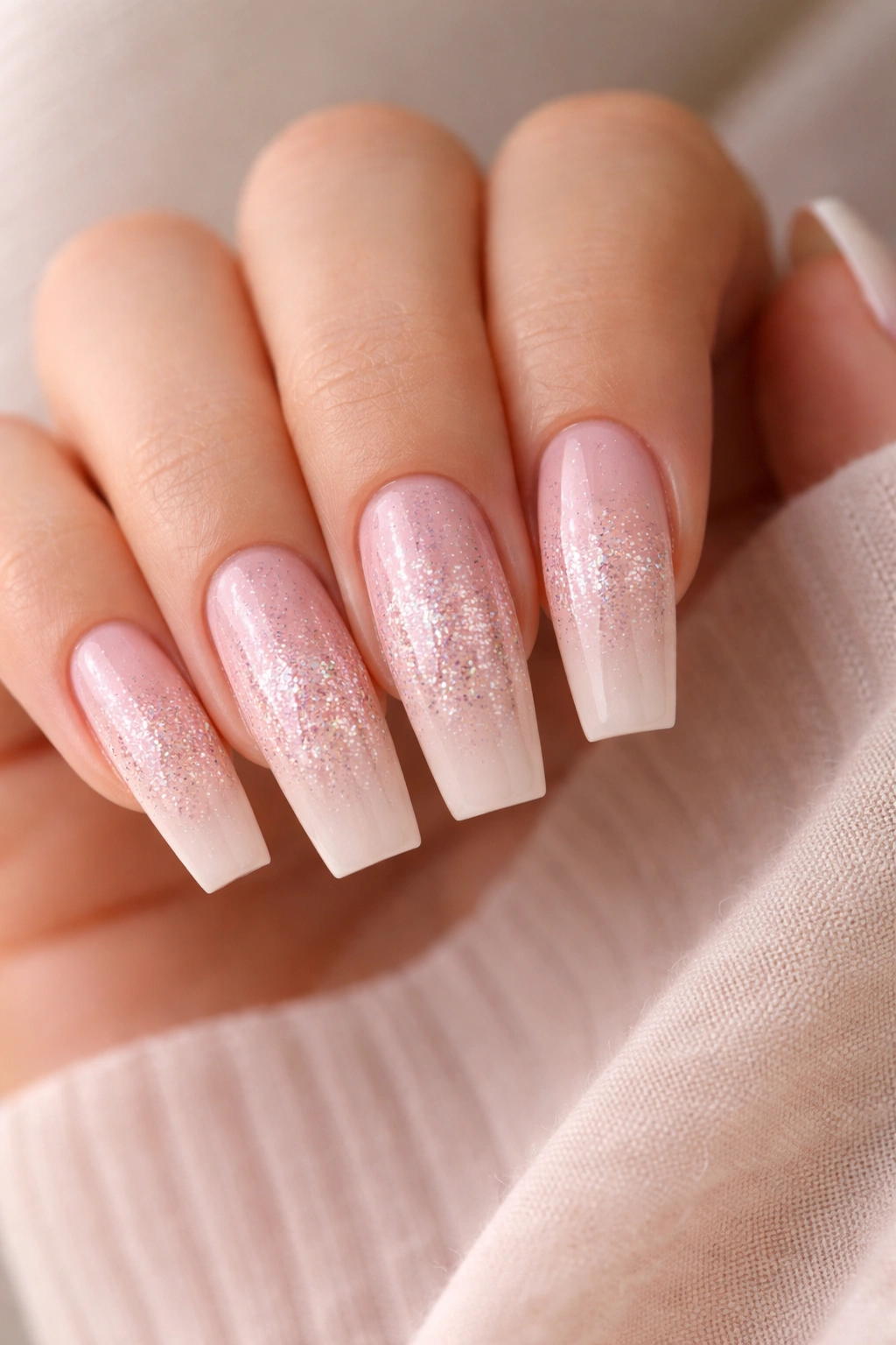 Soft pink nails with glitter ombré to nude tip