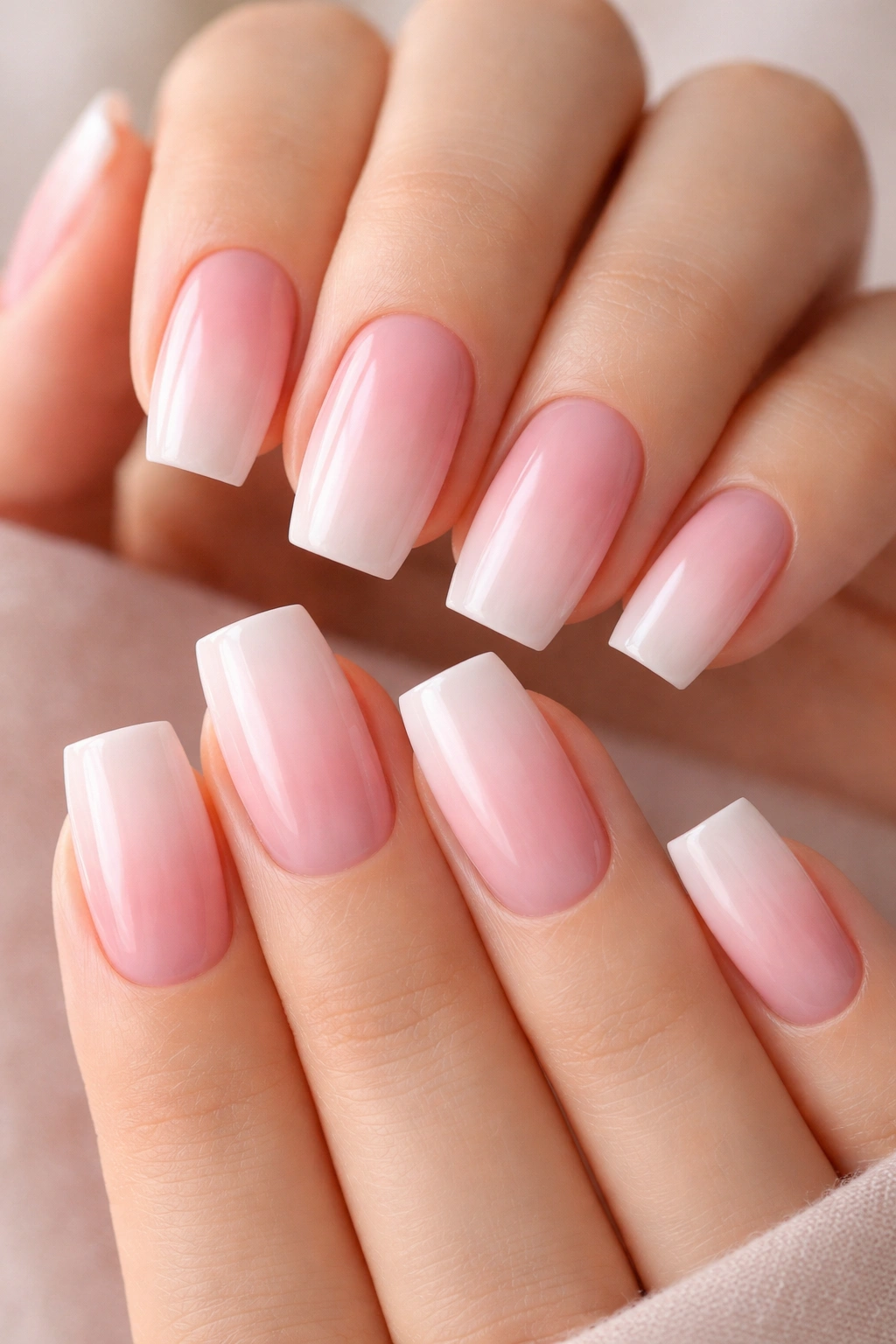 Close-up of hands with soft pink ombre square nails
