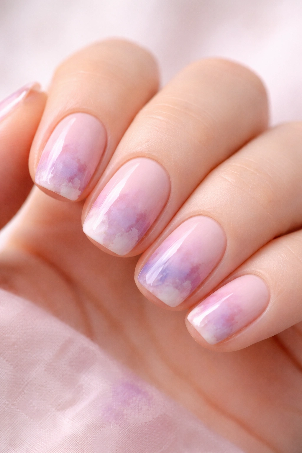 Soft pink nails with watercolor ombre blending pink mauve white lavender
