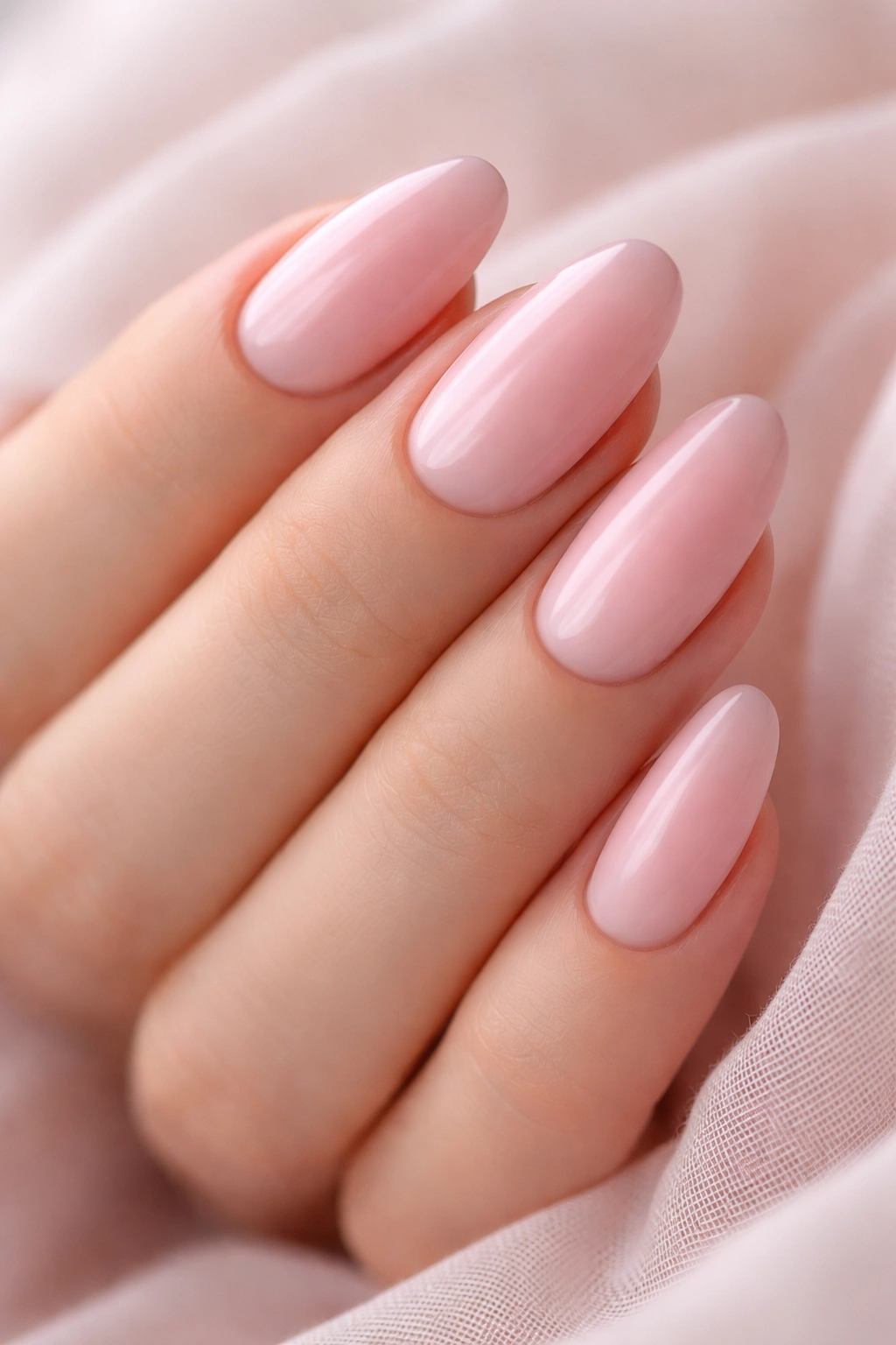 Close-up of hand with soft pink ombre nails.