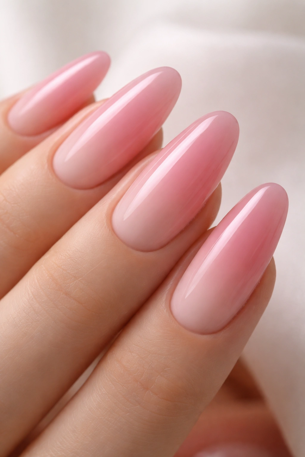 Close-up of a long round acrylic nail with soft pink ombre gradient from pale base to mauve tip