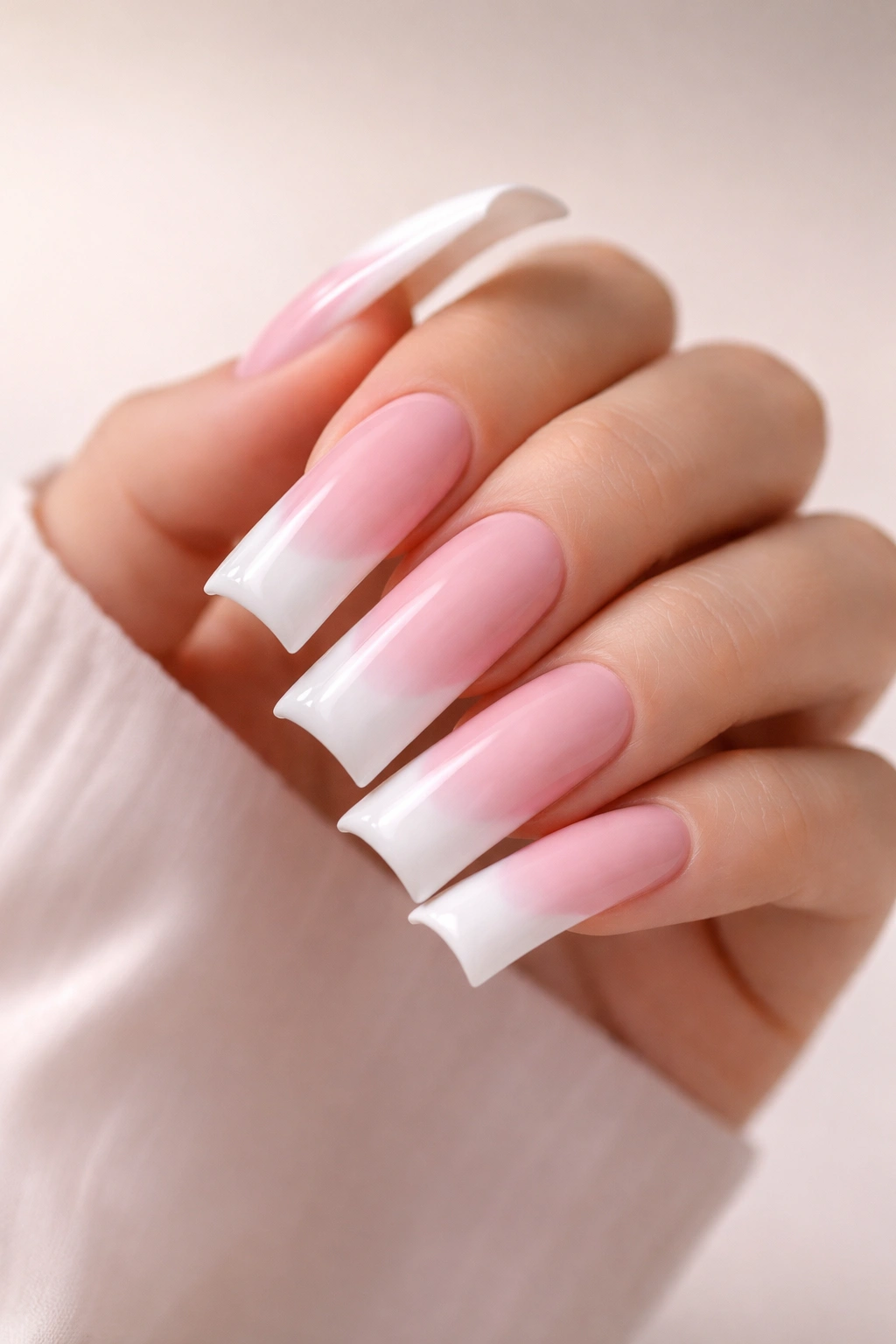 Close-up of long curved duck nails with soft pink to white ombré on the tips