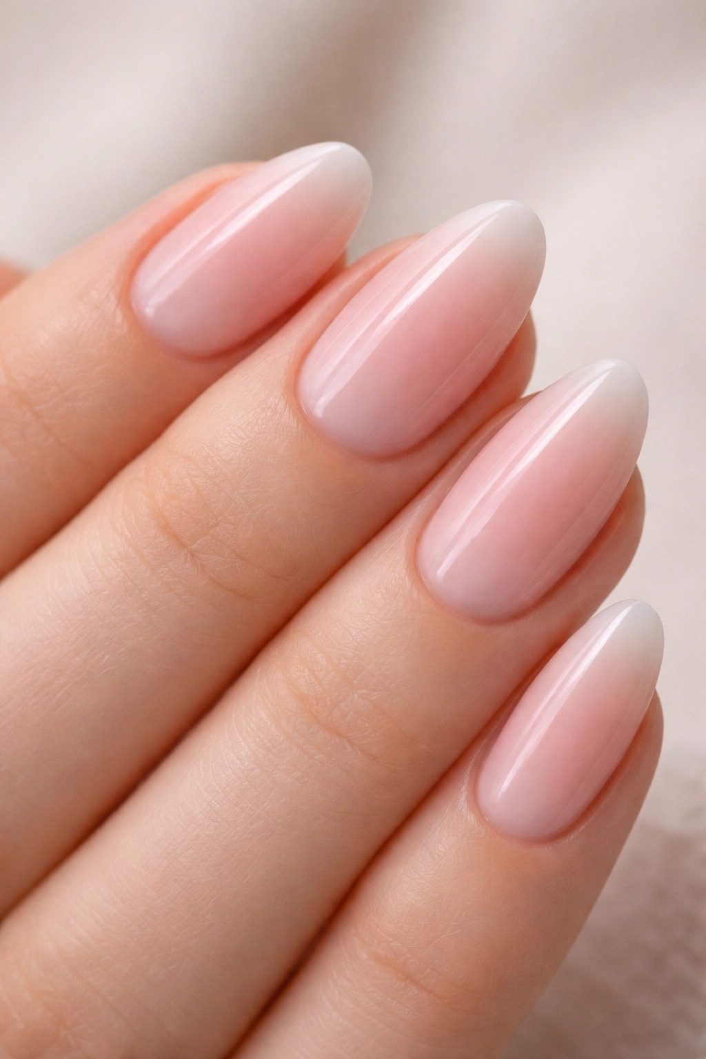 Close-up of short almond nails with a soft pink ombré manicure on a neutral background
