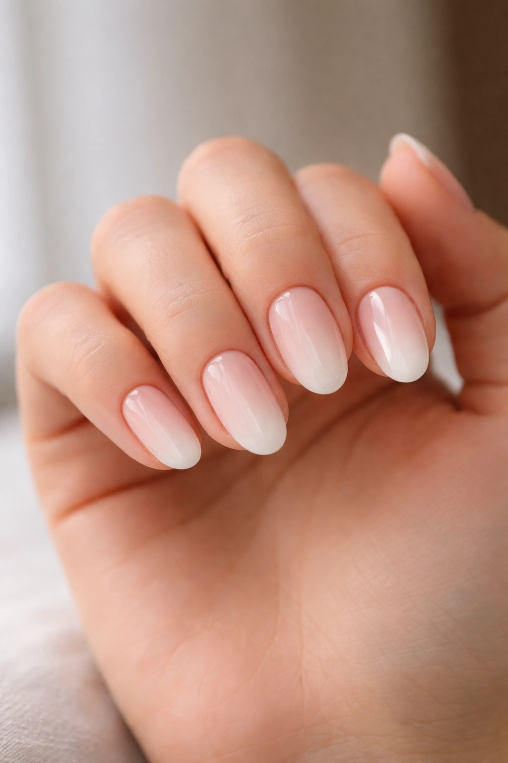 Close-up of nails with pale pink to near-white soft ombre