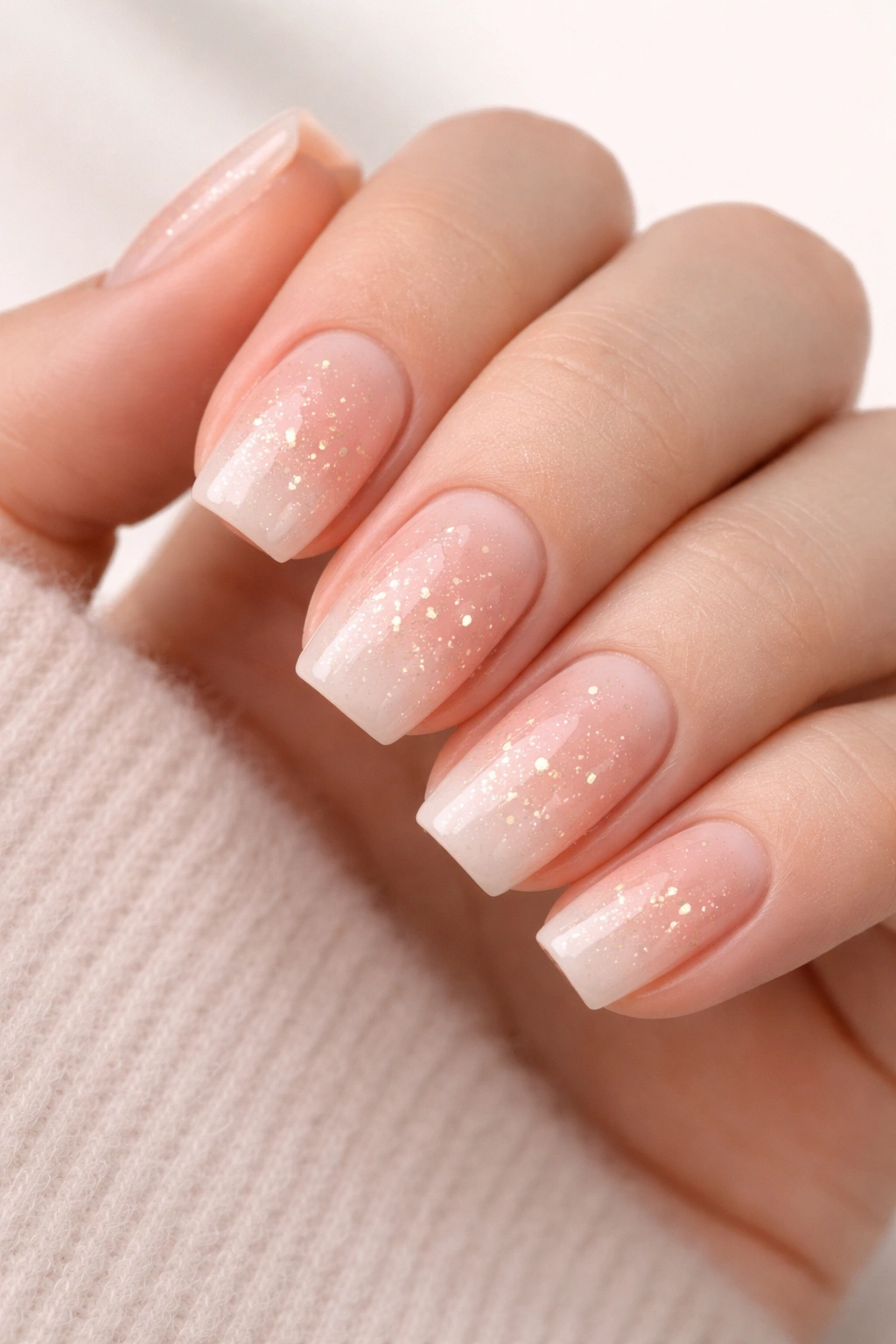 Close-up of short squoval nails in white-to-peach ombre with gold flecks