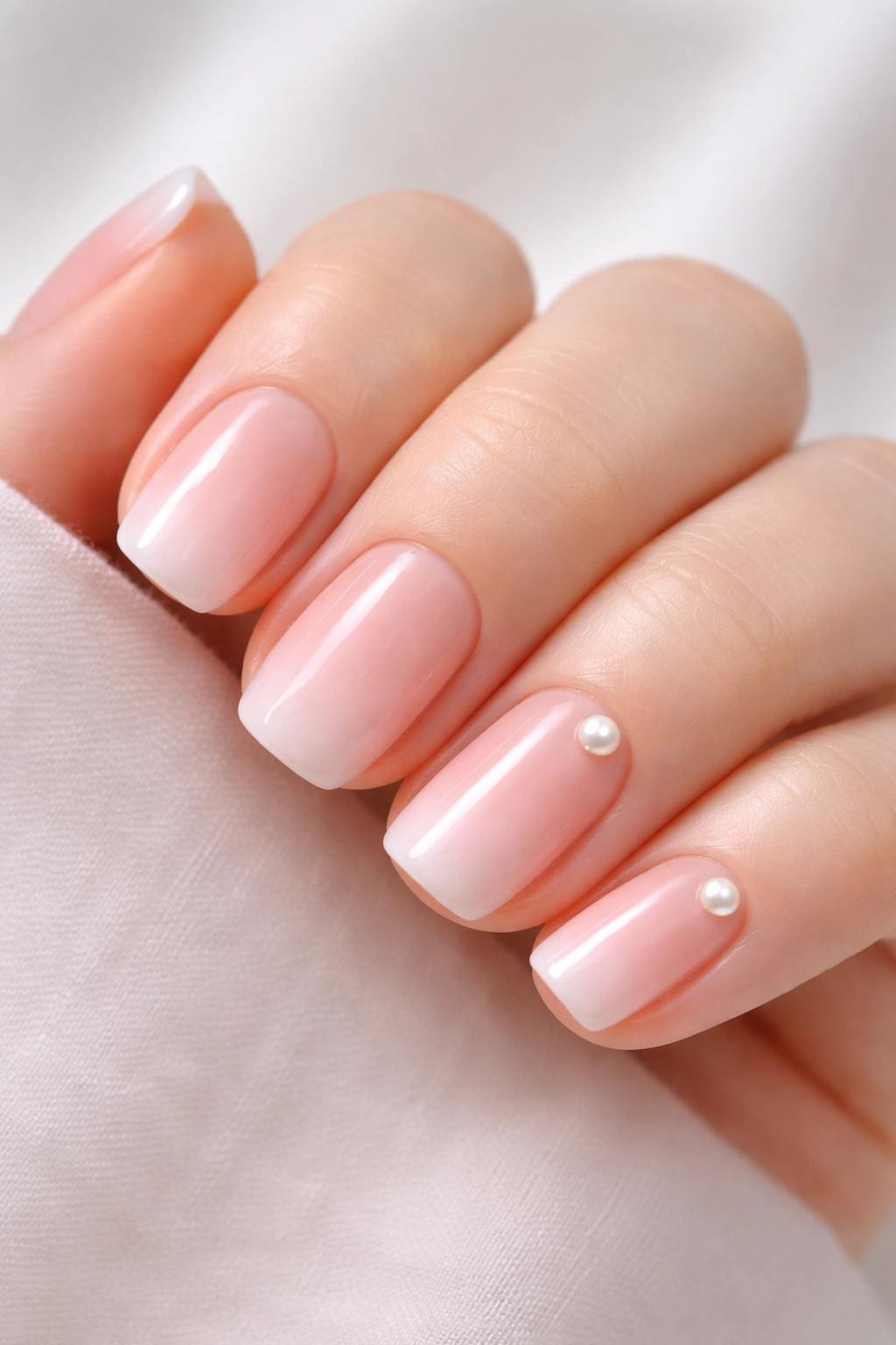 Close-up of soft pink ombre squoval nails with pearl accents on ring and pinky
