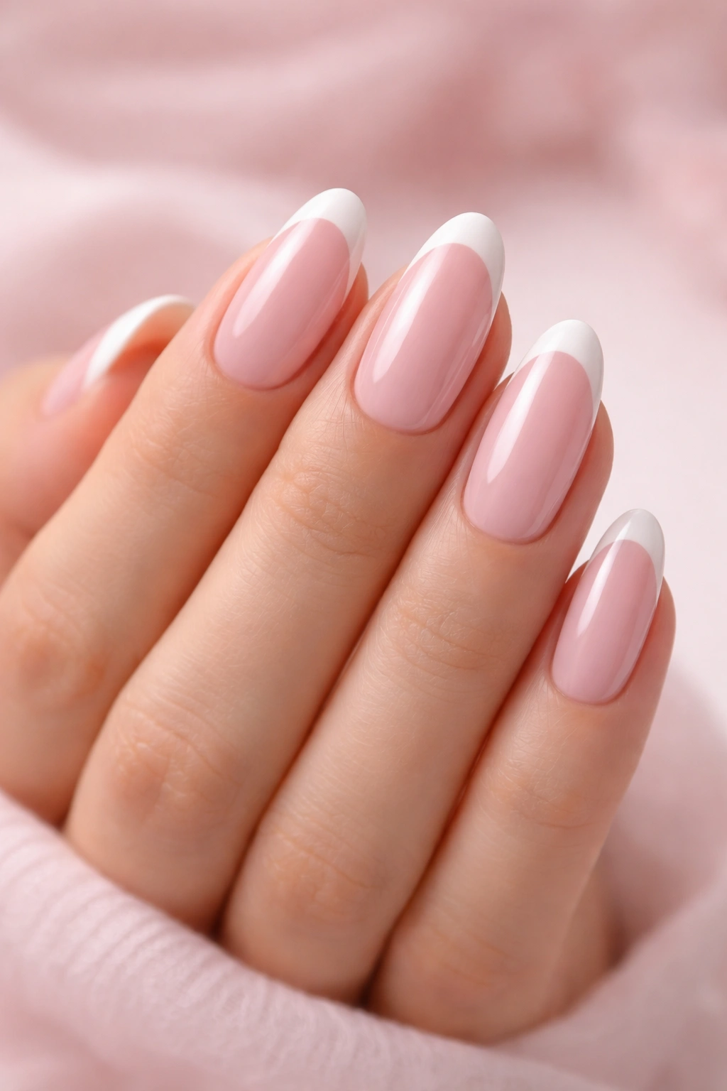 Soft pink oval nails with white French tips on hand