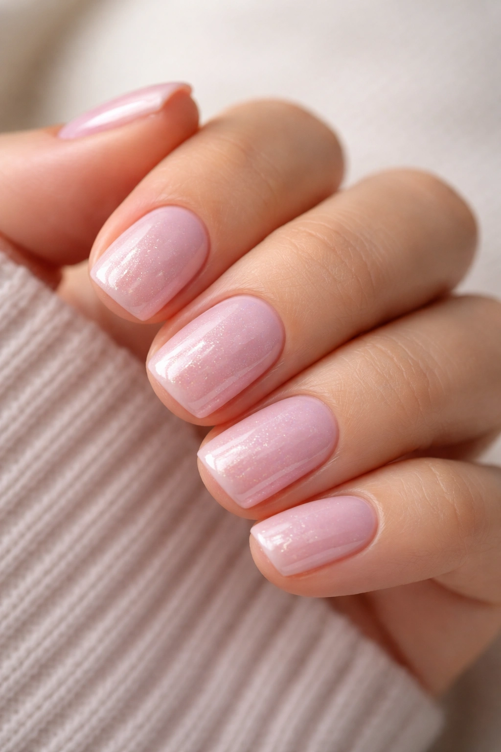 Close-up of opaque soft pink nails with pearl finish on short squoval nails