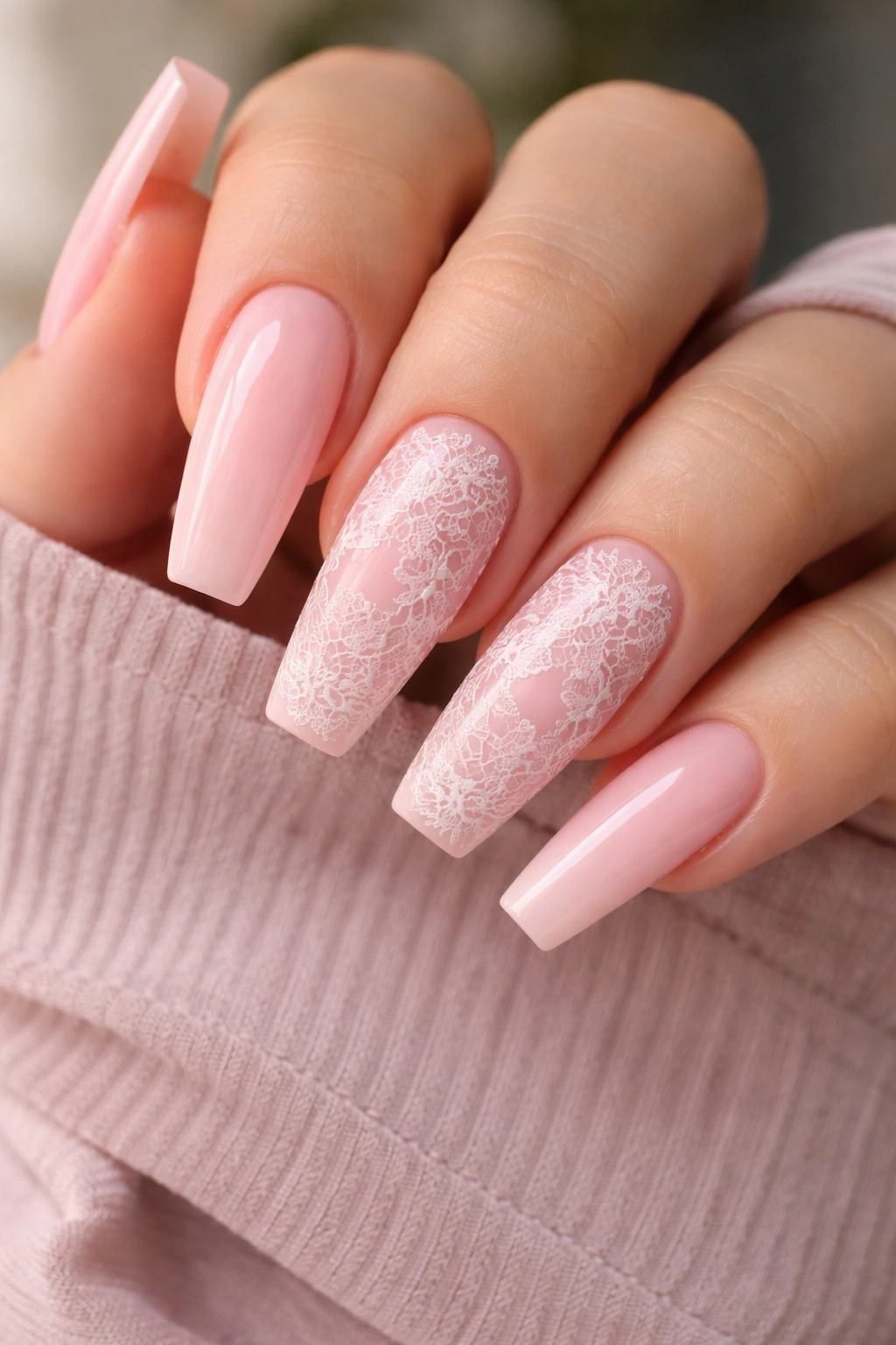 Close-up of soft pink coffin nails with reverse stamped intricate designs