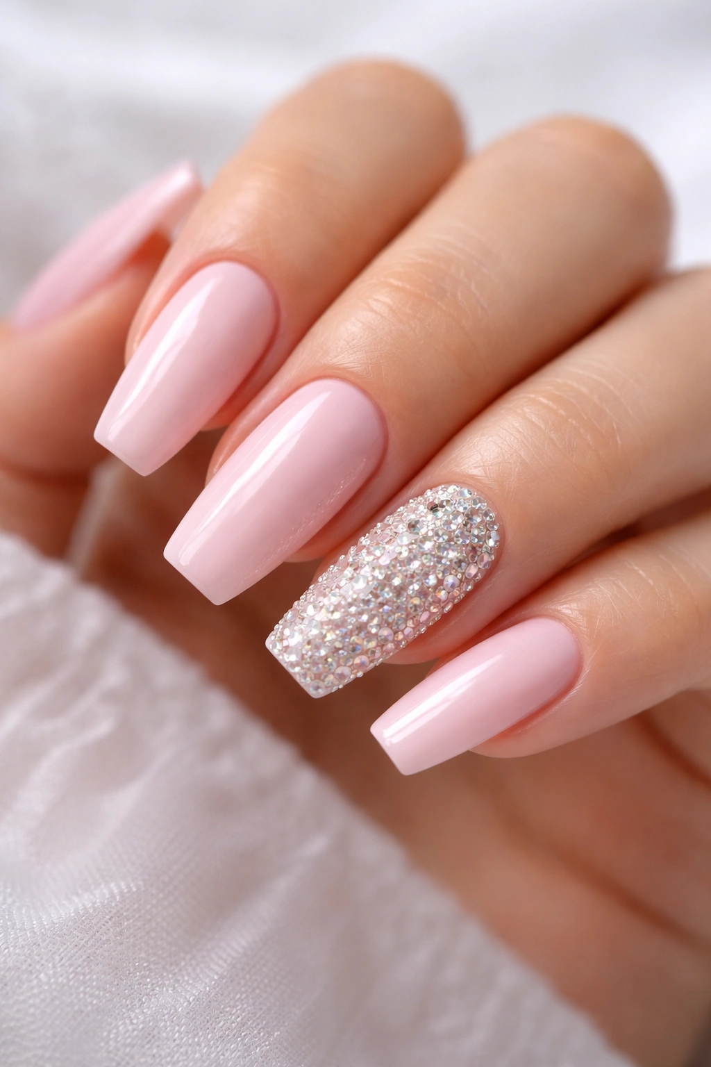 Close-up of soft pink coffin nails with rhinestone accent nail