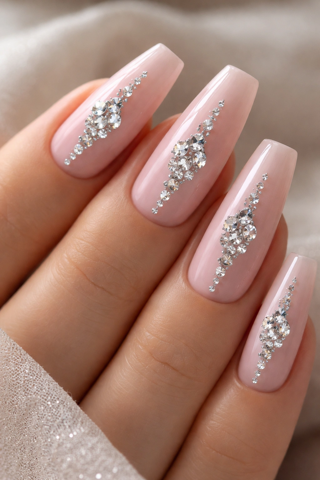 Close-up of medium coffin nails in soft pink with a diamond-shaped rhinestone center row