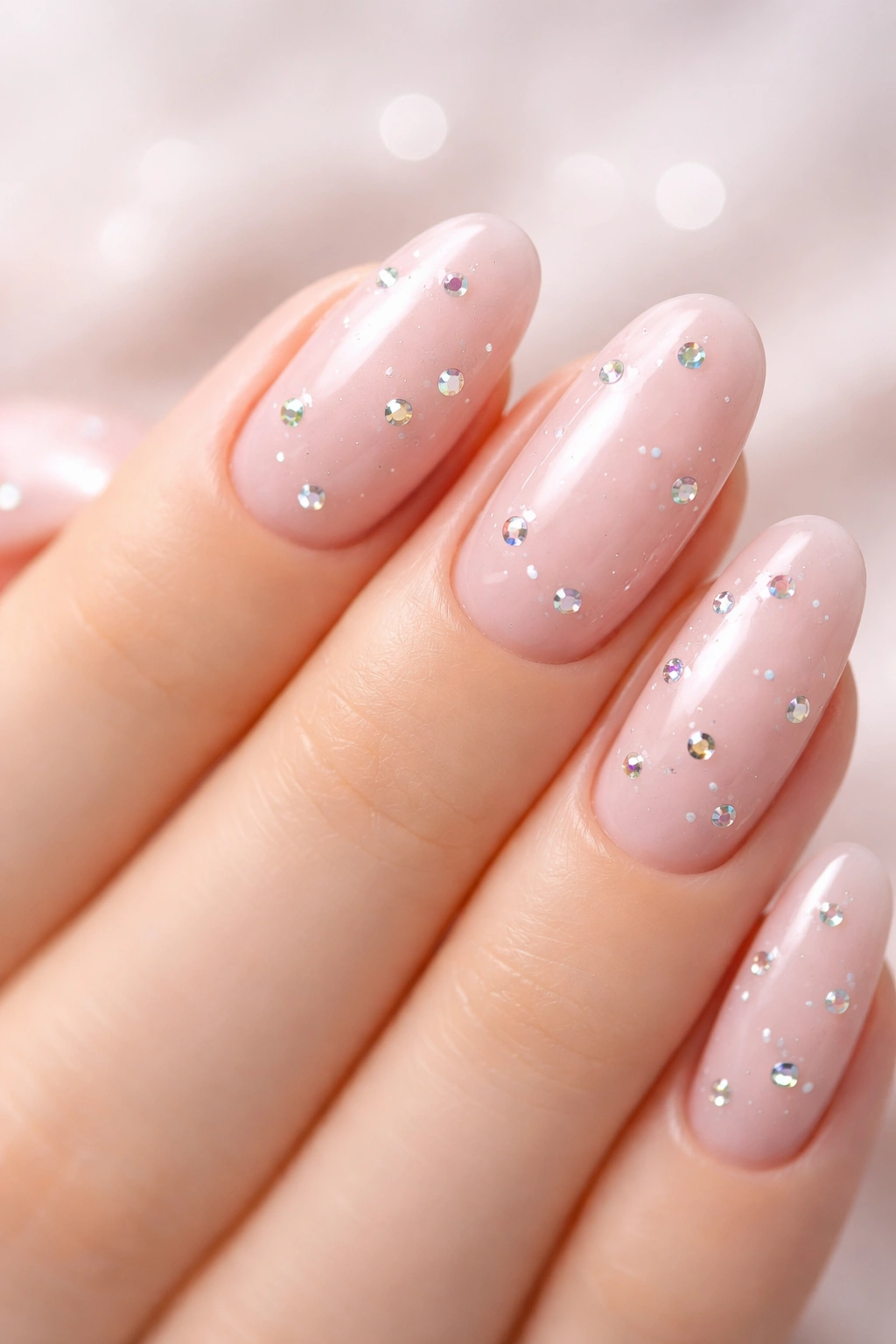 Close-up of milky pink nails with scattered rhinestones