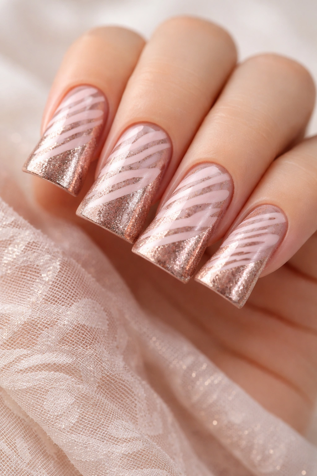 Soft pink zebra stripes on rose gold duck nails, feminine and elegant