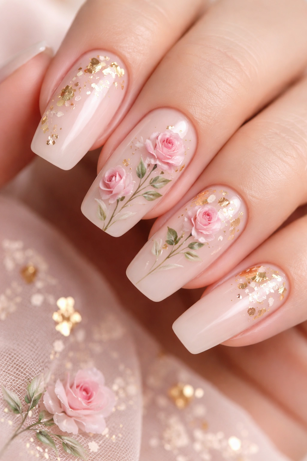 Close-up of soft pink nail art with watercolor roses and gold leaf accents