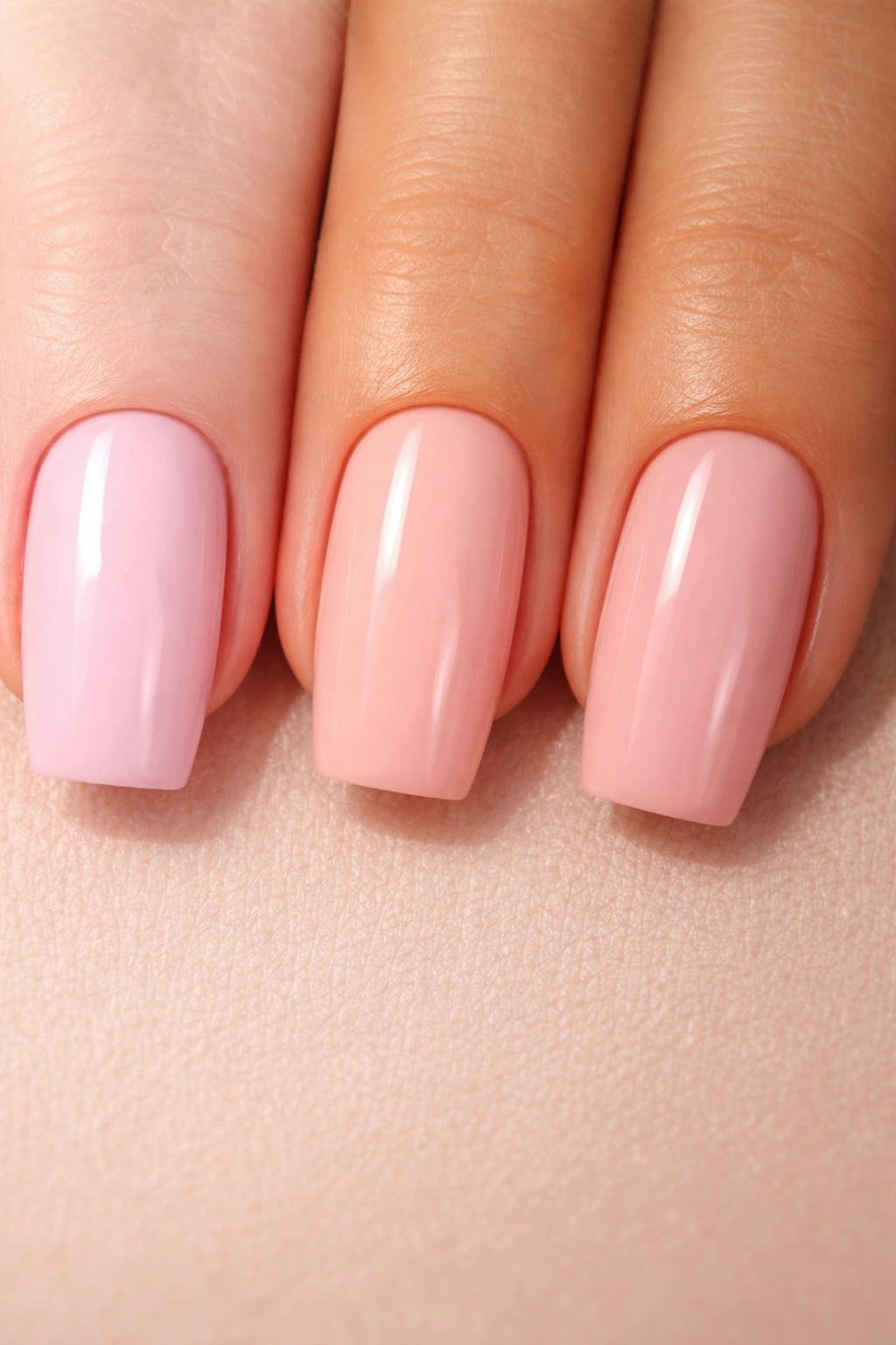 Close-up swatches of soft pink nail shades on skin showing undertones.