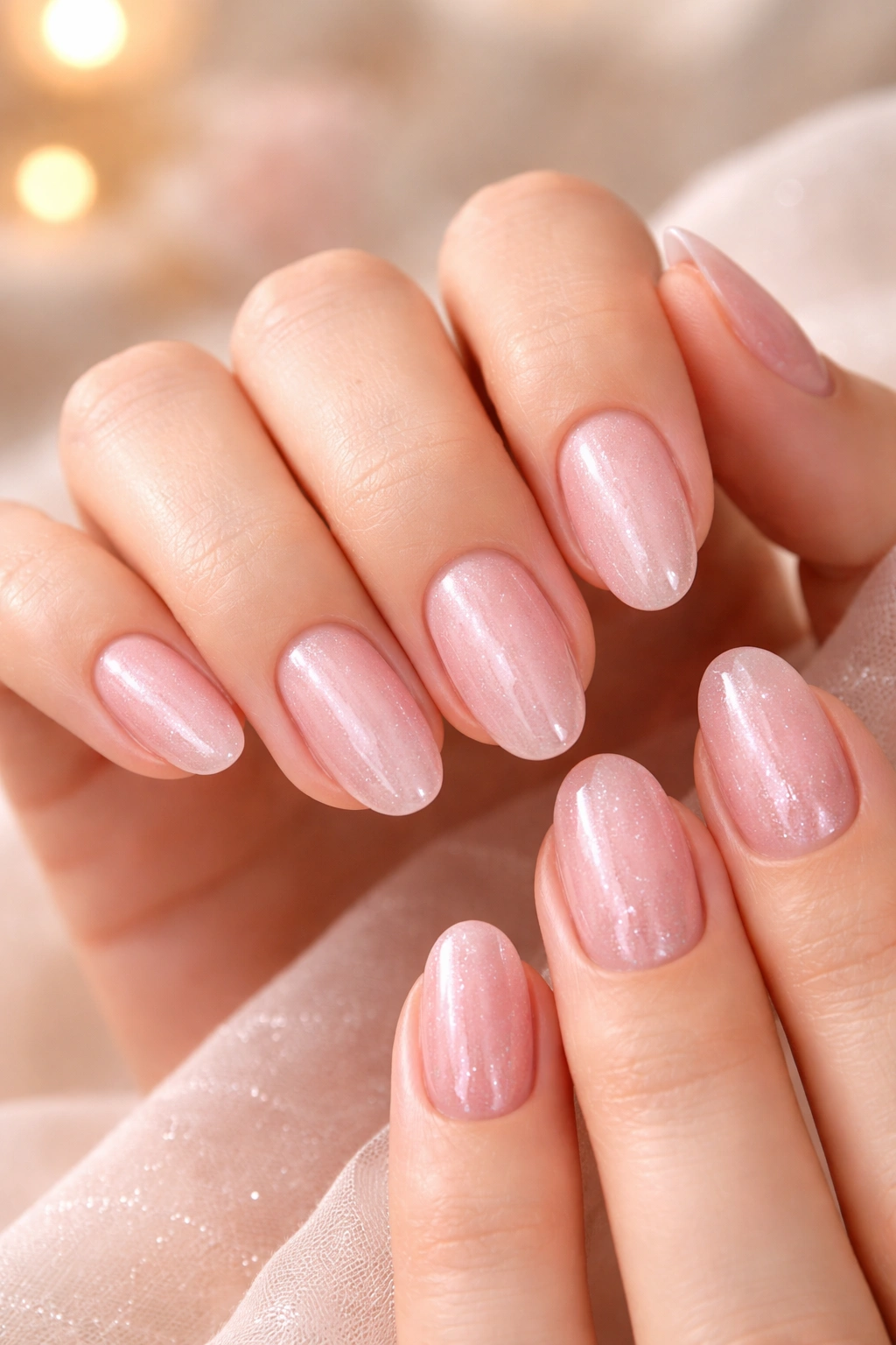 Close-up of hand with soft pink nails and subtle shimmer.