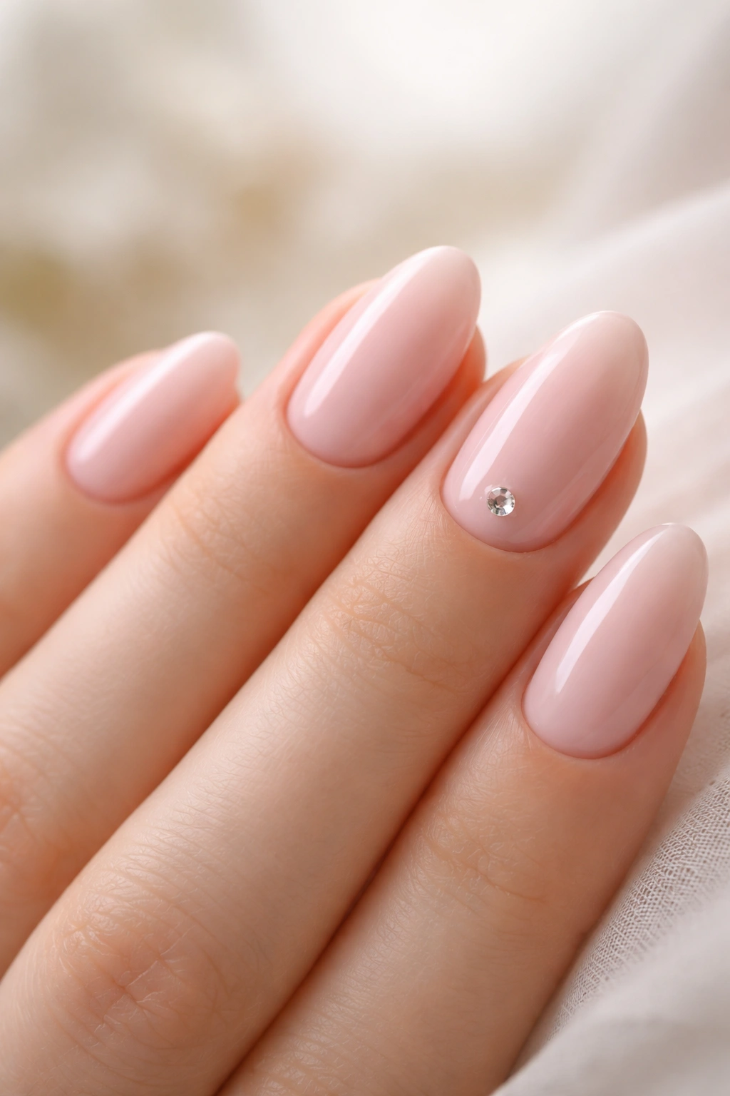 Close-up of short almond nails with soft pink polish and one crystal