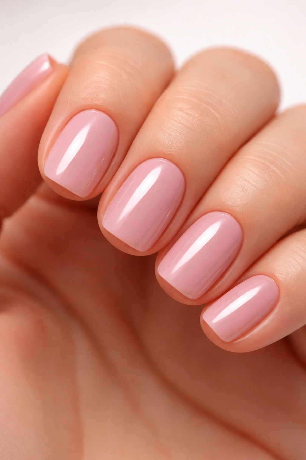 Close-up of soft pink short squoval nails with gel finish on a hand