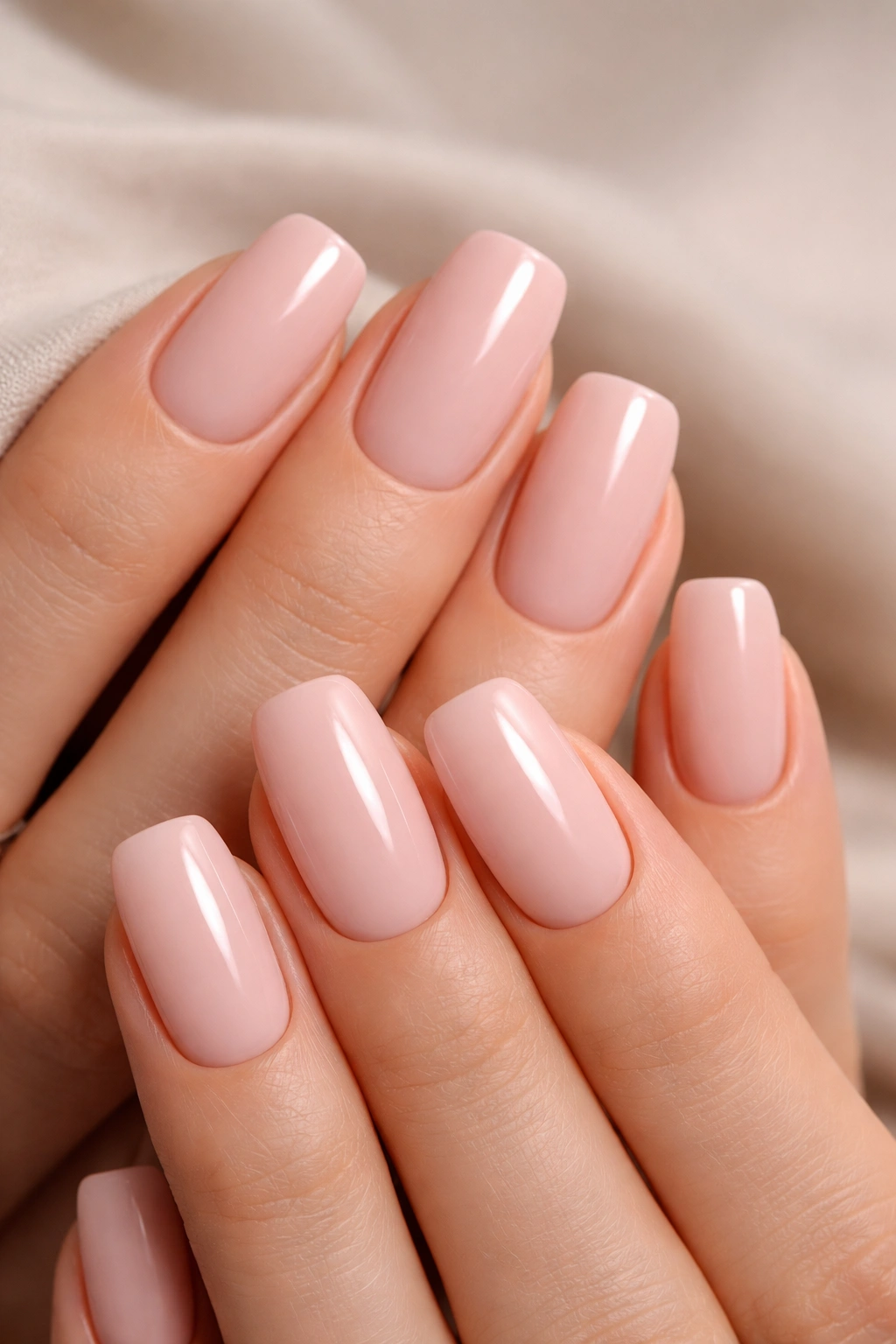 Close-up of minimalist soft pink squoval nails with glossy finish