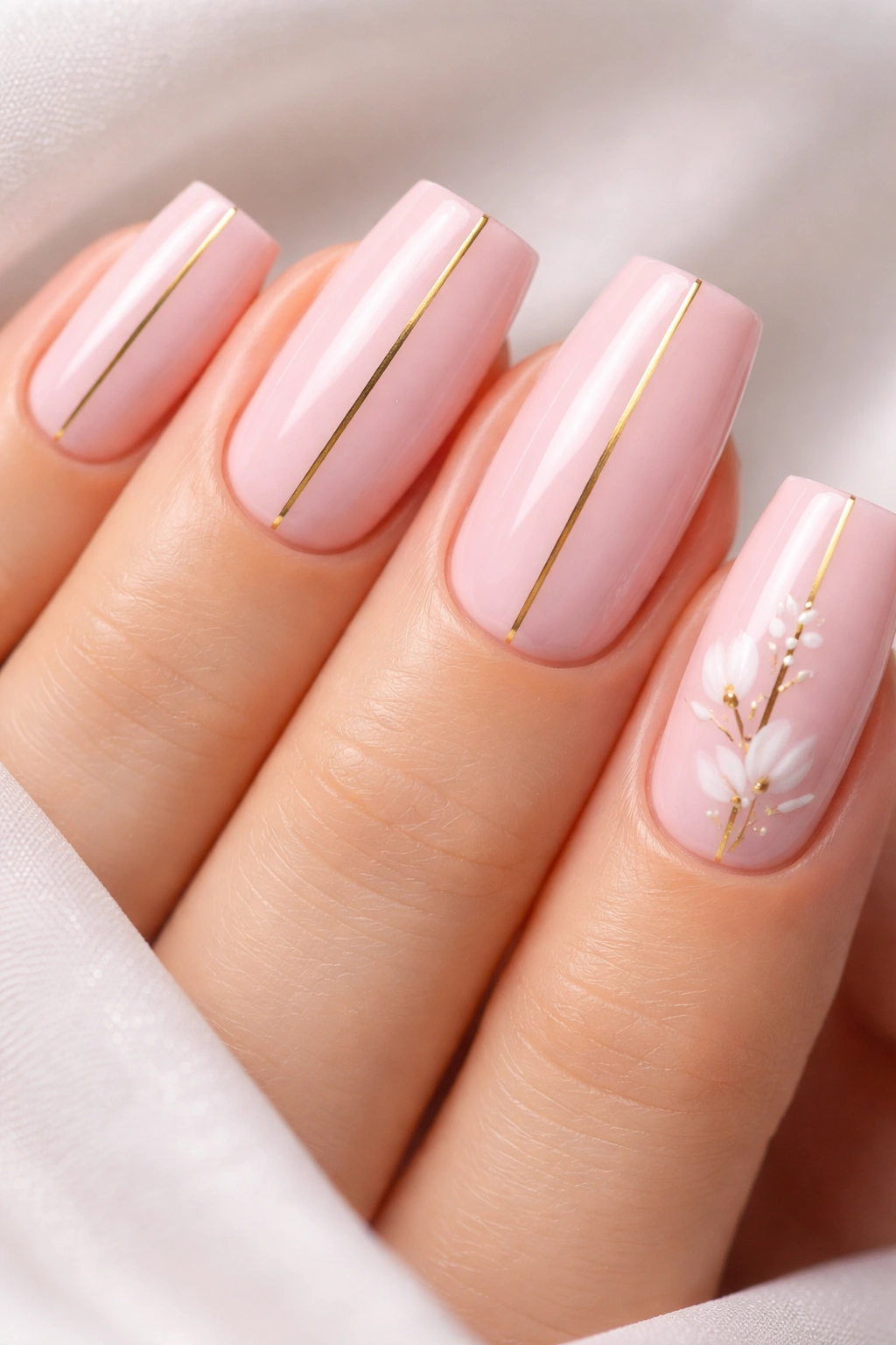 Close-up of square nails with soft pink base, gold stripe and accent art